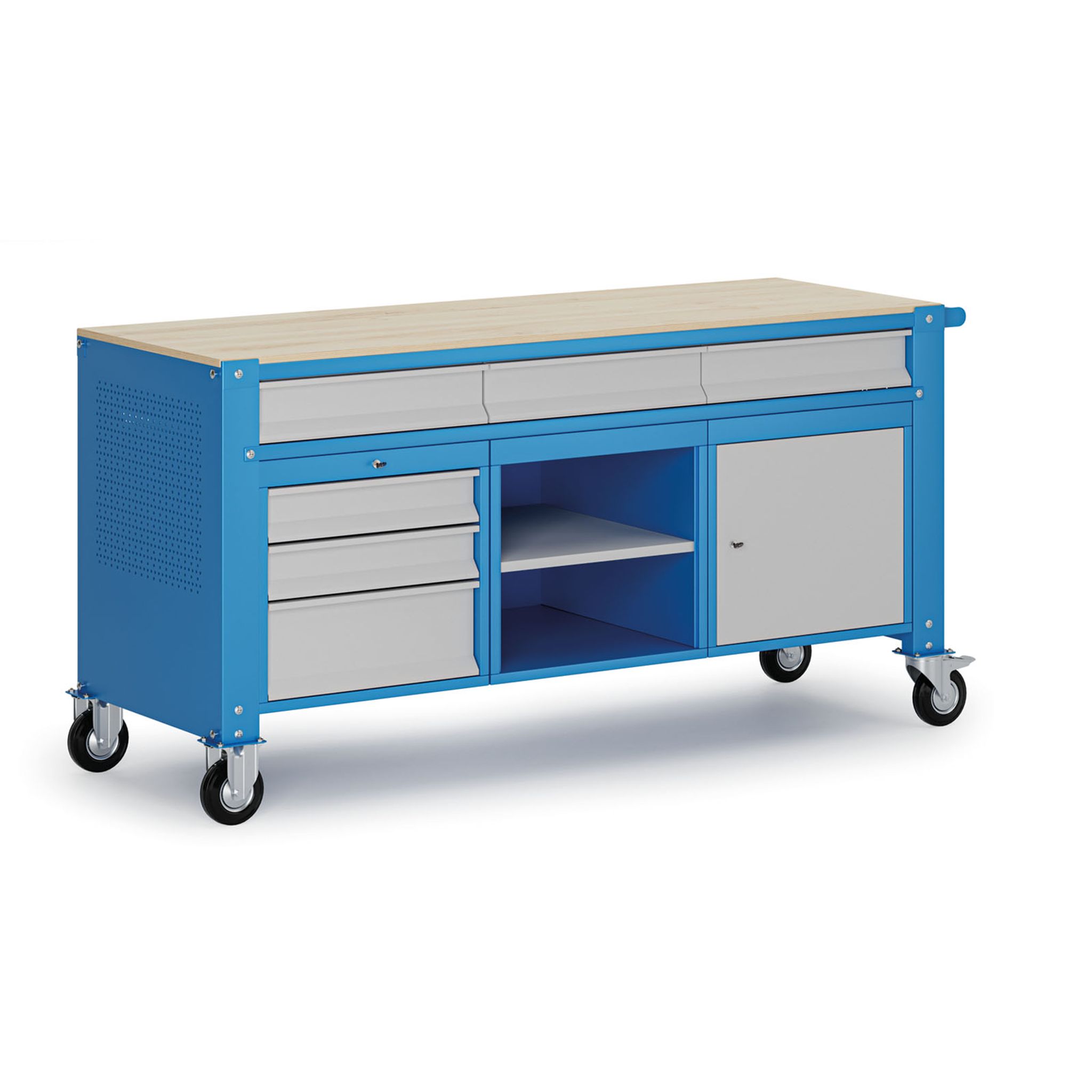 Fahrbare Werkbank G9, 1 Ablage, 1 Schrank, 6 Schubladen, 1690 x 595 x 865-1130 mm, grau/blau