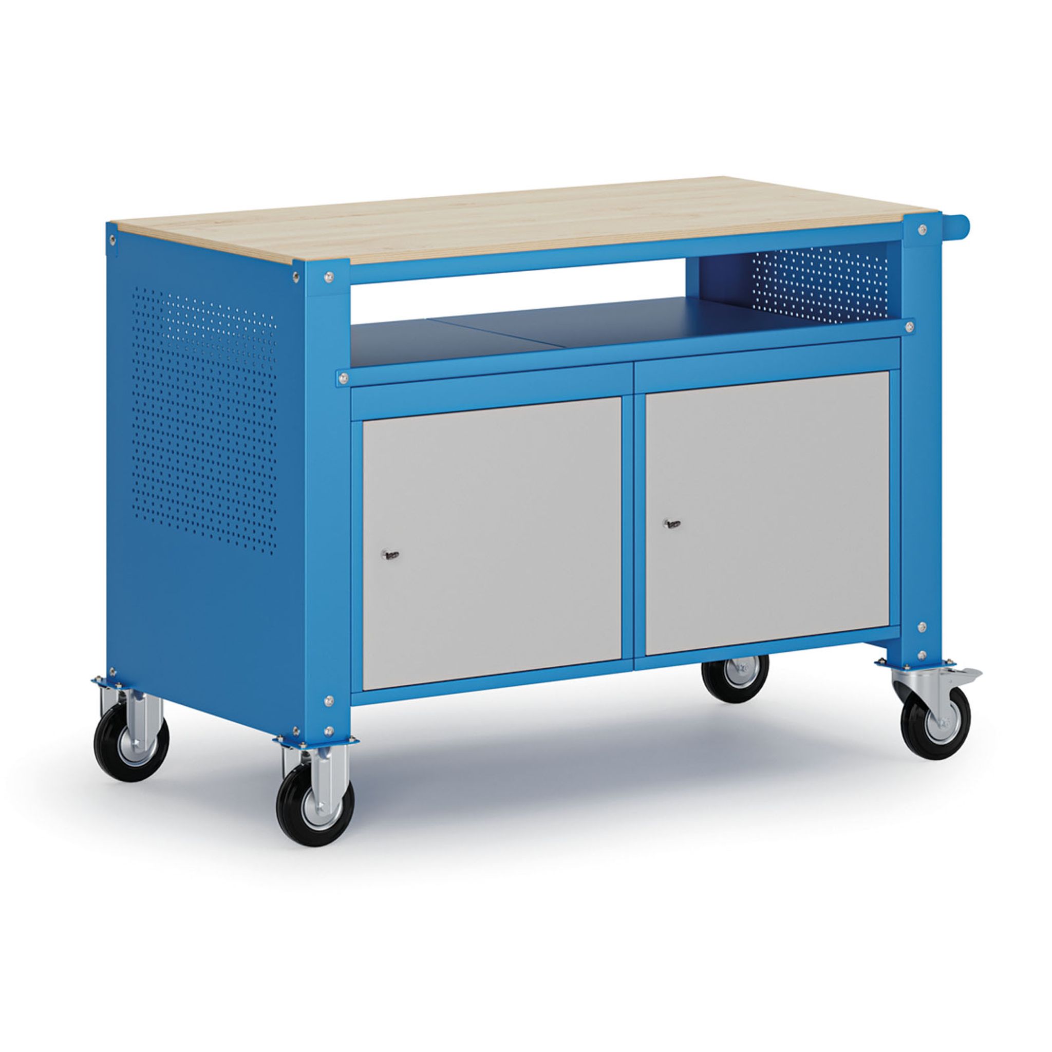 Fahrbare Werkbank G9, 1 Ablage, 2 Schränke, 1180 x 595 x 865-1130 mm, grau/blau