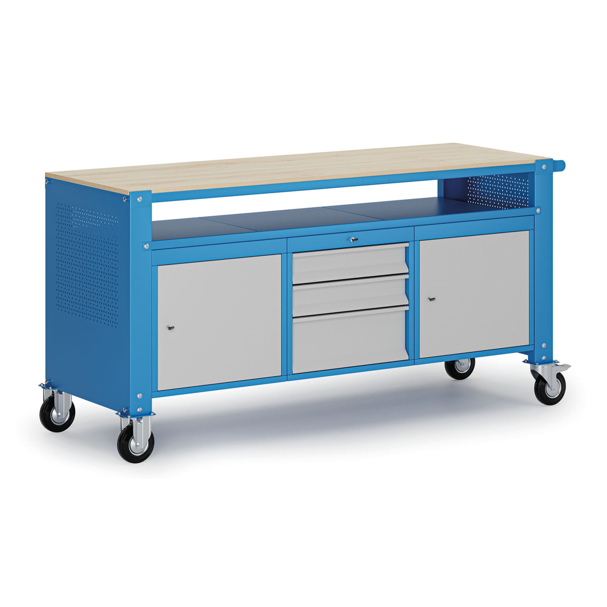 Fahrbare Werkbank G9, 1 Ablage, 2 Schränke, 3 Schubladen, 1690 x 595 x 865-1130 mm, grau/blau