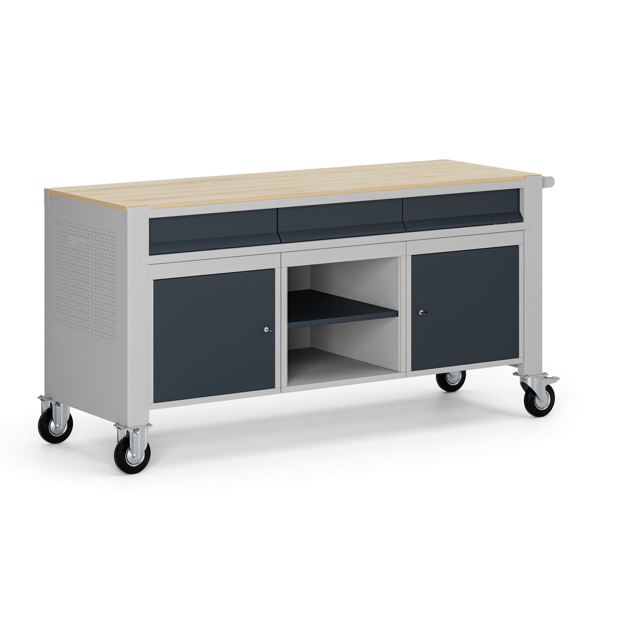 Fahrbare Werkbank G9,1 Ablage, 2 Schränke, 3 Schubladen, 1690 x 595 x 865-1130 mm, grau/Graphit Fahrbare Werkbank G9,1 Ablage, 2 Schränke, 3 Schubladen, 1690 x 595 x 865-1130 mm, grau/Graphit