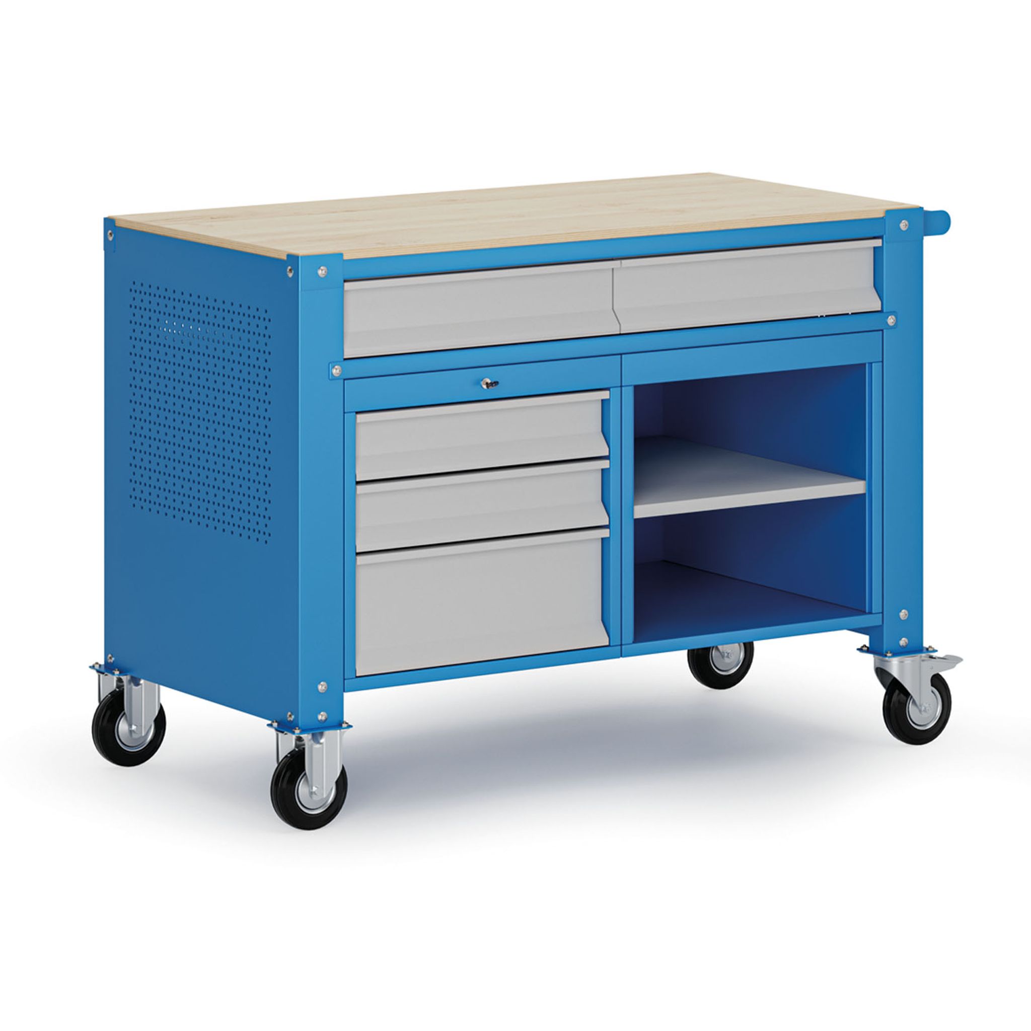 Fahrbare Werkbank G9, 1 Ablage, 5 Schubladen, 1180 x 595 x 865-1130 mm, grau/blau