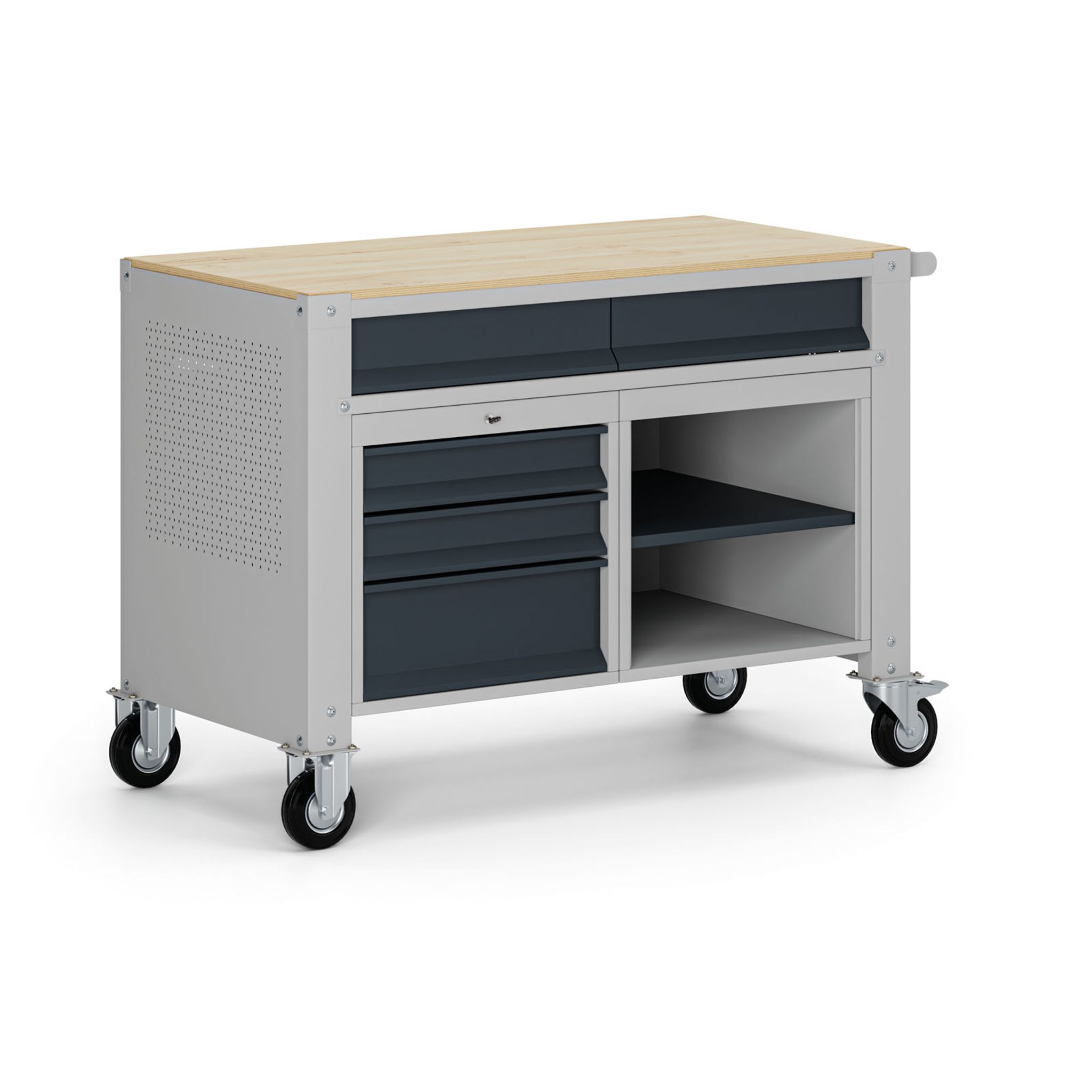 Fahrbare Werkbank G9, 1 Ablage, 5 Schubladen, 1180 x 595 x 865-1130 mm, grau/Graphit Fahrbare Werkbank G9, 1 Ablage, 5 Schubladen, 1180 x 595 x 865-1130 mm, grau/Graphit