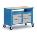 Fahrbare Werkbank G9, 1 Ablage, 6 Schubladen, 1180 x 595 x 865-1130 mm, grau/blau