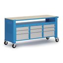 Fahrbare Werkbank G9, 1 Ablage, 9 Schubladen, 1690 x 595 x 865-1130 mm, grau/blau