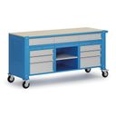 Fahrbare Werkbank G9, 1 Ablage, 9 Schubladen, 1690 x 595 x 865-1130 mm, grau/blau