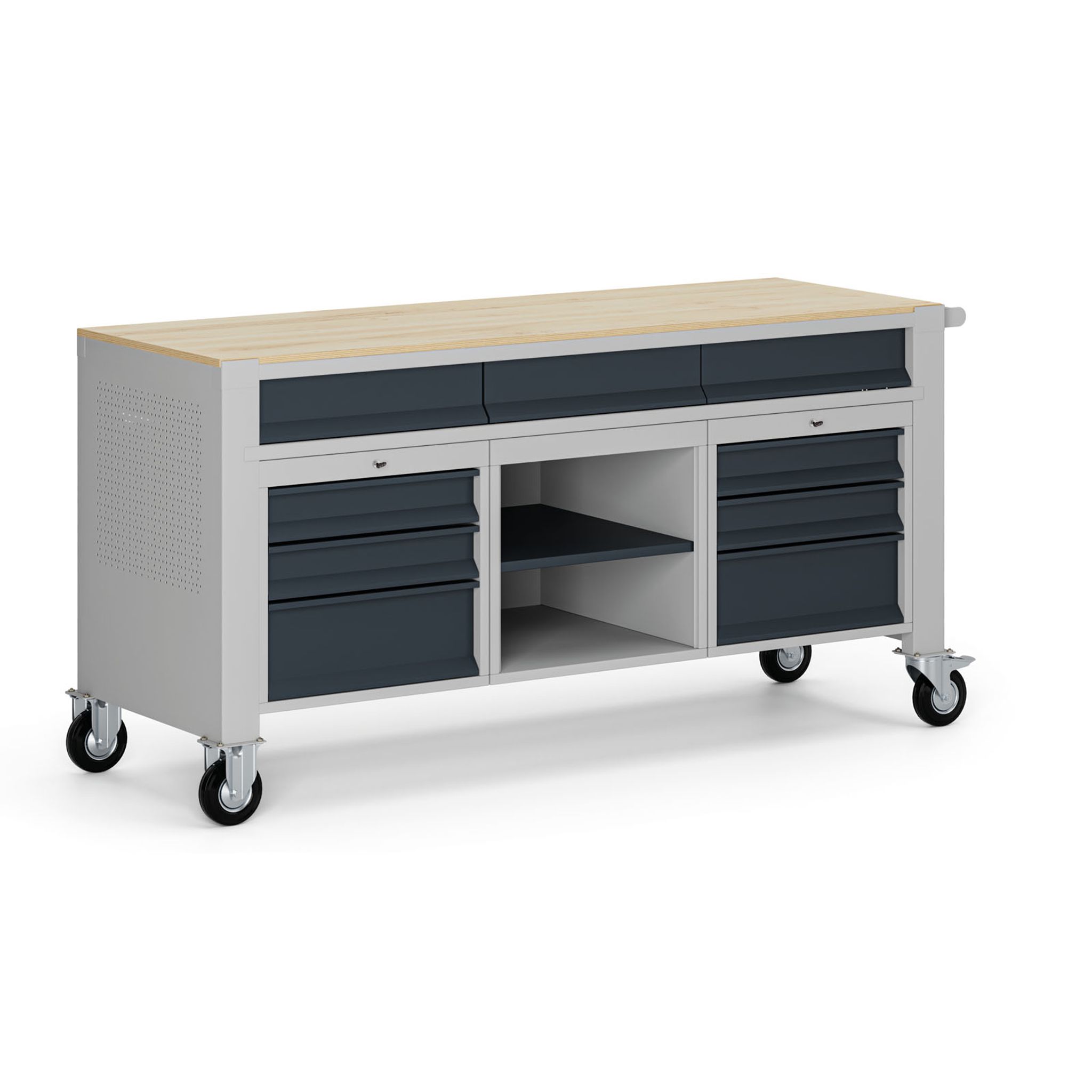 Fahrbare Werkbank G9, 1 Ablage, 9 Schubladen, 1690 x 595 x 865-1130 mm, grau/Graphit Fahrbare Werkbank G9, 1 Ablage, 9 Schubladen, 1690 x 595 x 865-1130 mm, grau/Graphit