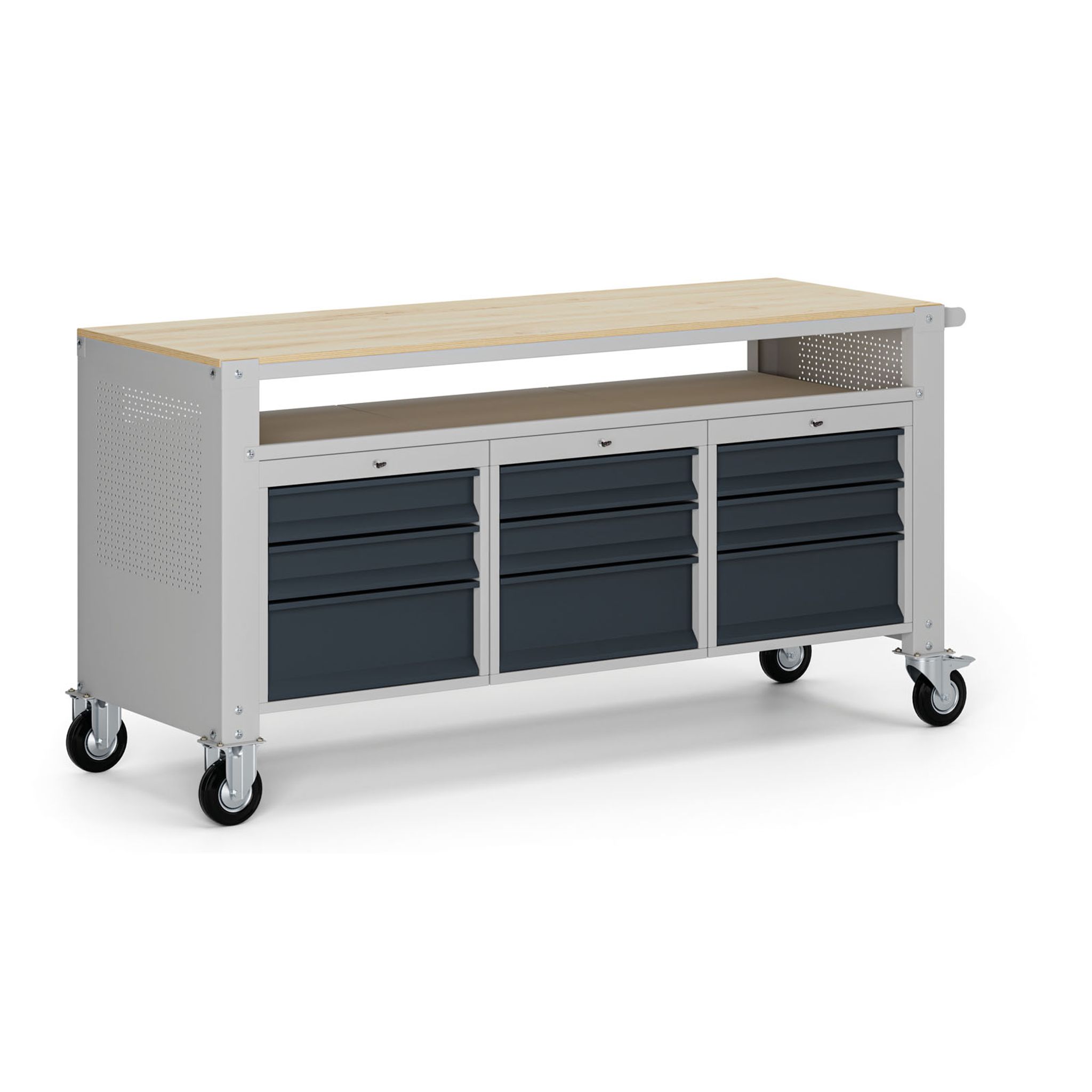 Fahrbare Werkbank G9, 1 obere Ablage, 9 Schubladen, 1690 x 595 x 865-1130 mm, grau/Graphit Fahrbare Werkbank G9, 1 obere Ablage, 9 Schubladen, 1690 x 595 x 865-1130 mm, grau/Graphit