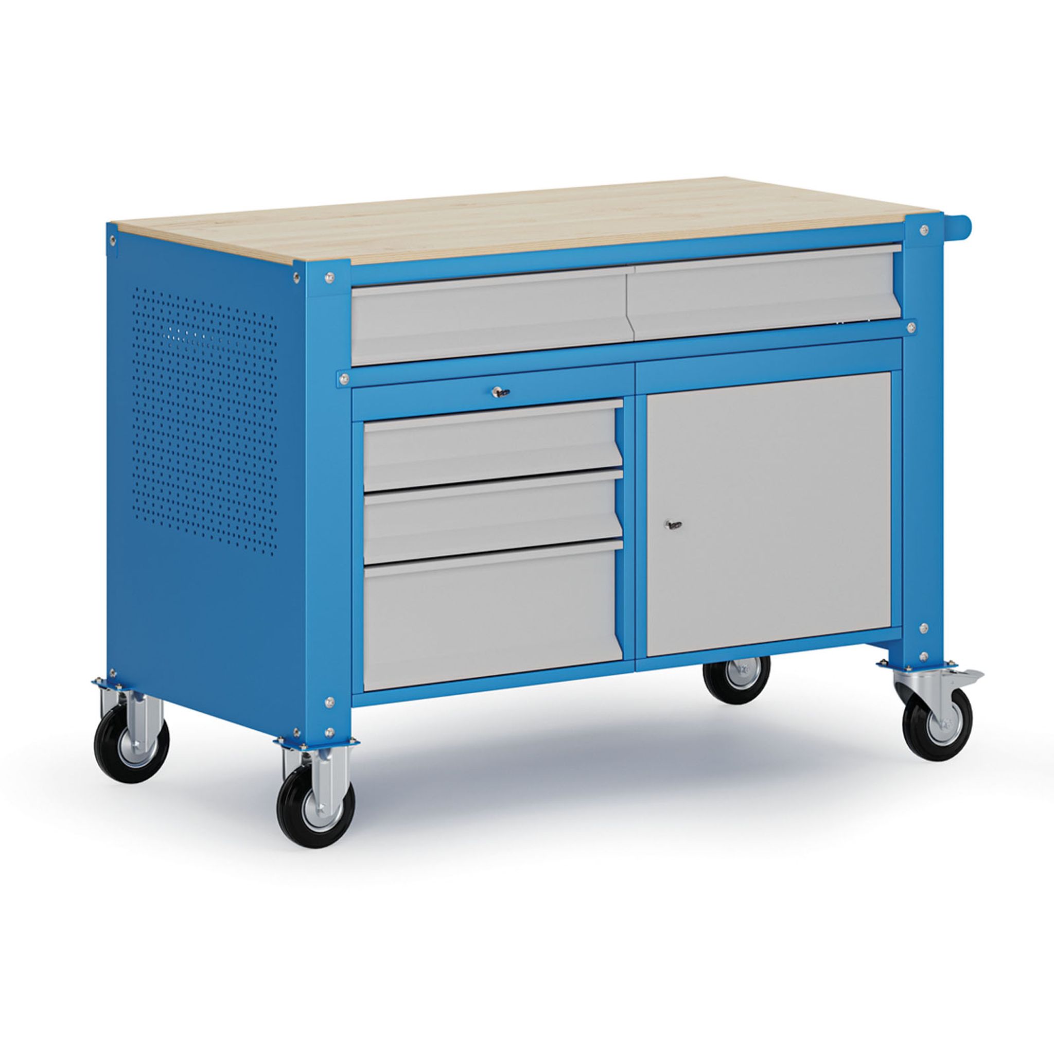 Fahrbare Werkbank G9, 1 Schrank, 5 Schubladen, 1180 x 595 x 865-1130 mm, grau/blau