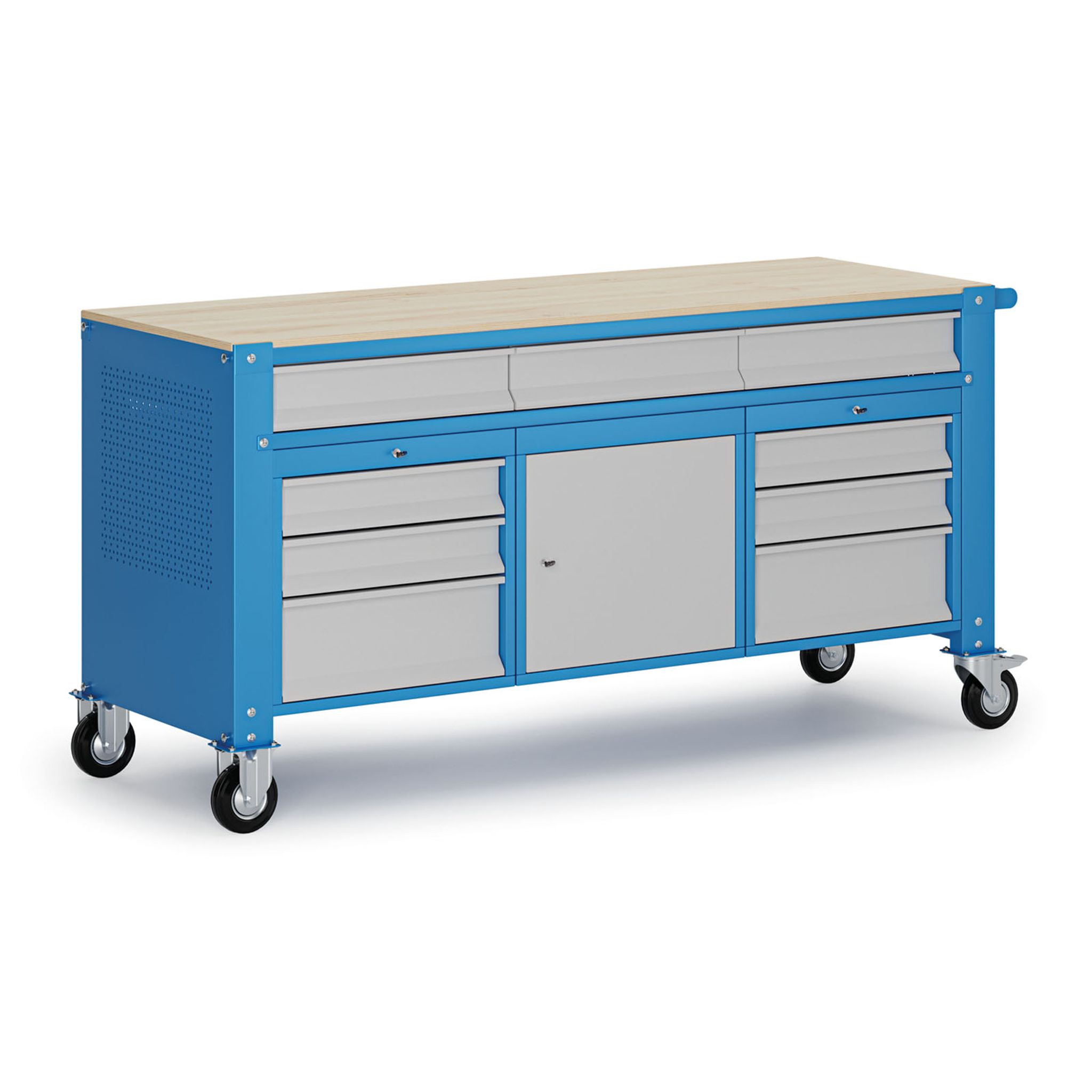 Fahrbare Werkbank G9, 1 Schrank, 9 Schubladen, 1690 x 595 x 865-1130 mm, grau/blau