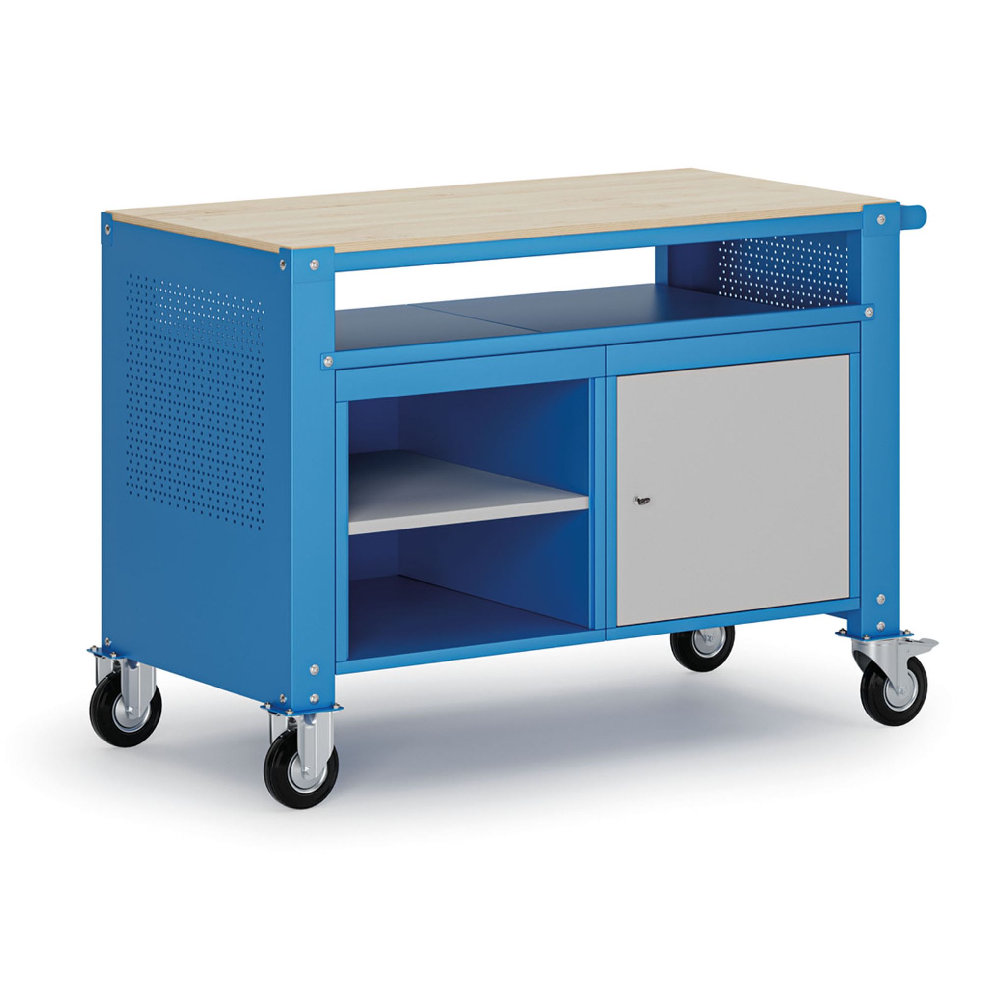 Fahrbare Werkbank G9, 2 Ablagen, 1 Schrank, 1180 x 595 x 865-1130 mm, grau/blau