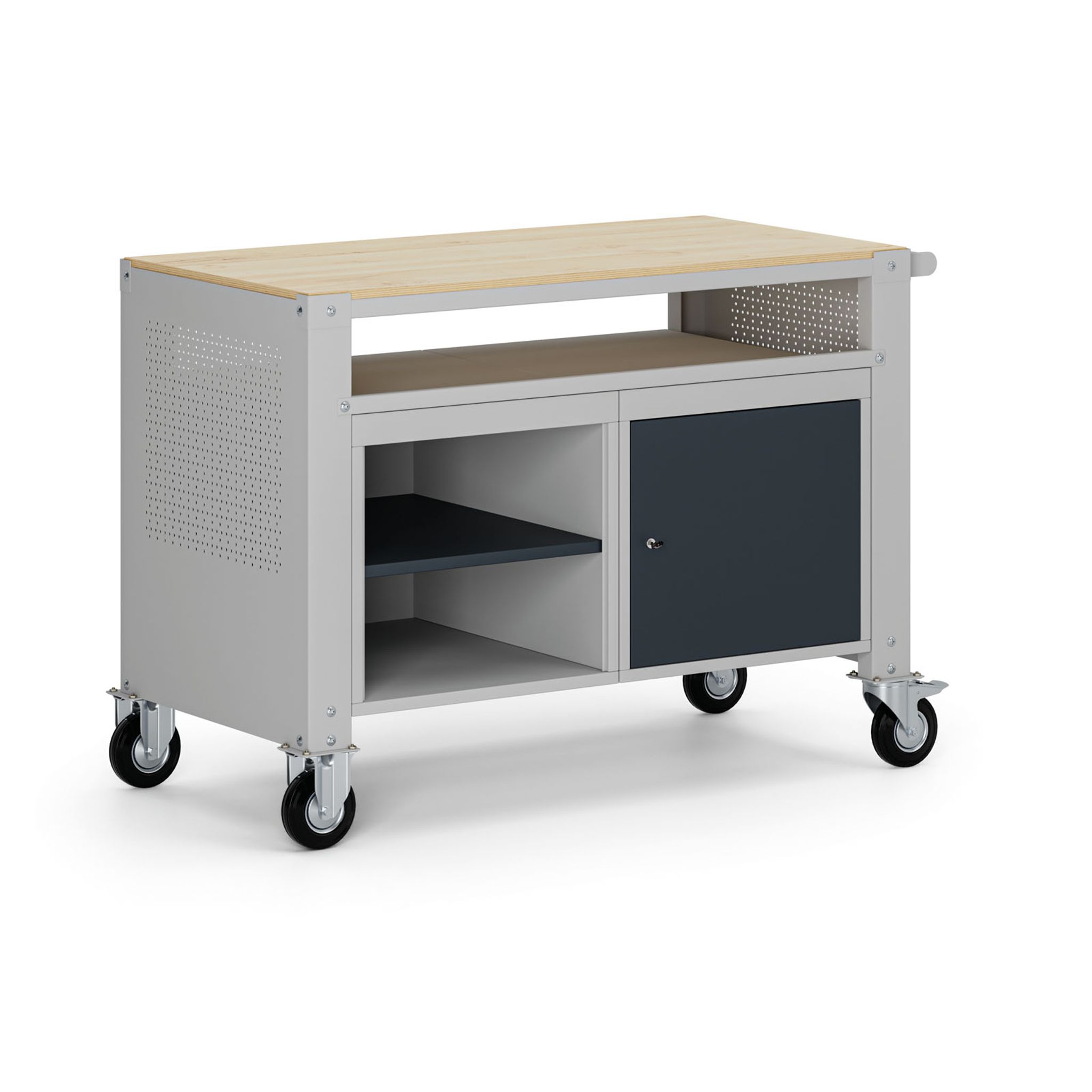 Fahrbare Werkbank G9, 2 Ablagen, 1 Schrank, 1180 x 595 x 865-1130 mm, grau/Graphit Fahrbare Werkbank G9, 2 Ablagen, 1 Schrank, 1180 x 595 x 865-1130 mm, grau/Graphit