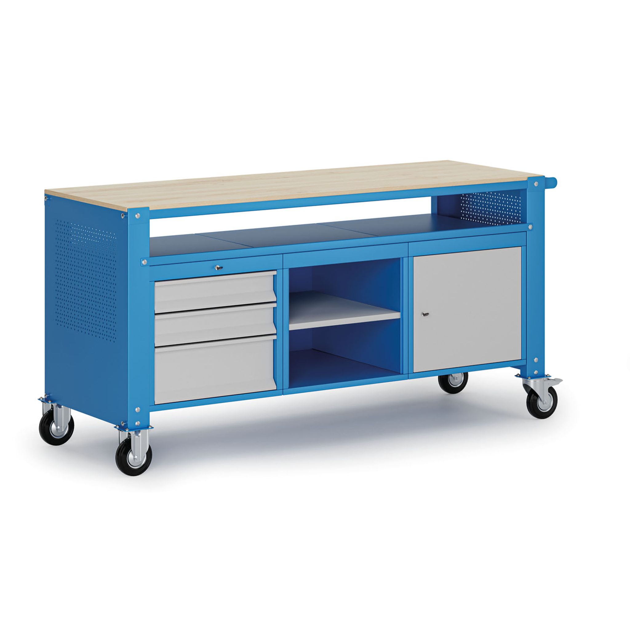 Fahrbare Werkbank G9, 2 Ablagen, 1 Schrank, 3 Schubladen, 1690 x 595 x 865-1130 mm, grau/blau