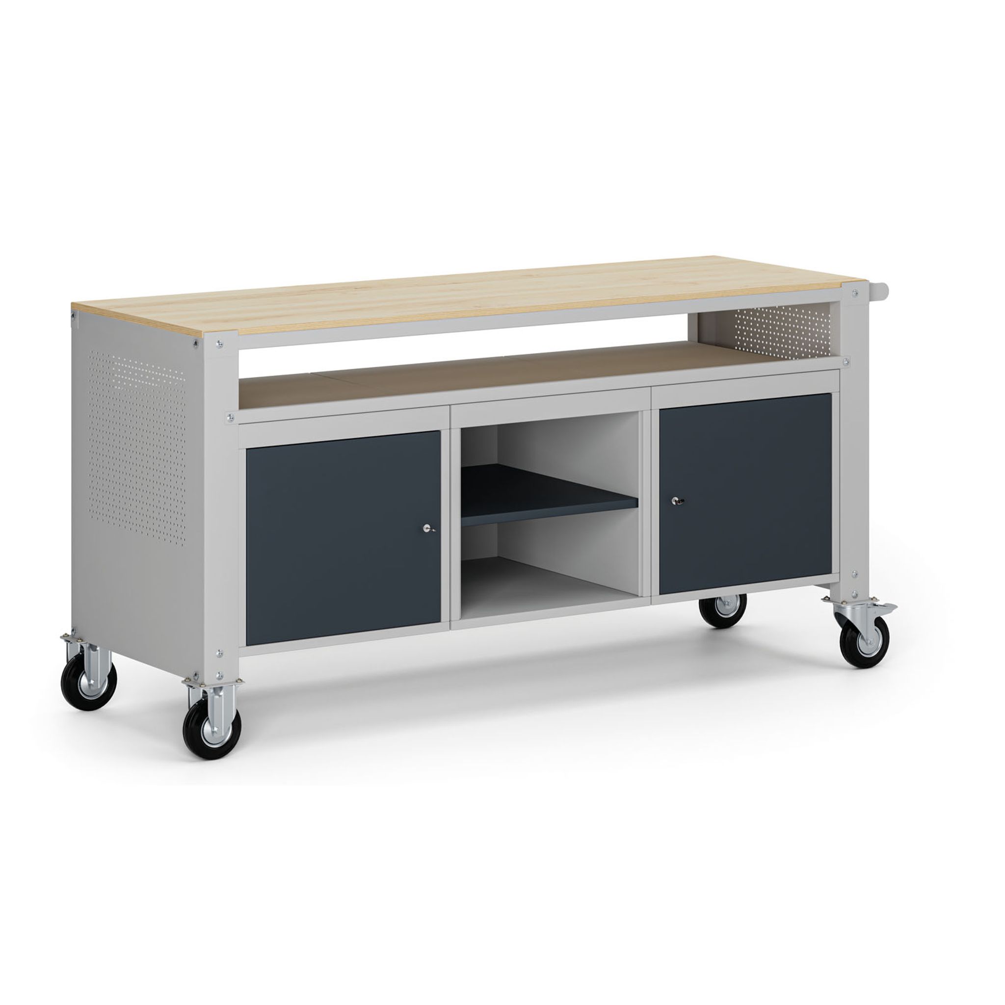 Fahrbare Werkbank G9, 2 Ablagen, 1 Schrank, 3 Schubladen, 1690 x 595 x 865-1130 mm, grau/Graphit Fahrbare Werkbank G9, 2 Ablagen, 1 Schrank, 3 Schubladen, 1690 x 595 x 865-1130 mm, grau/Graphit