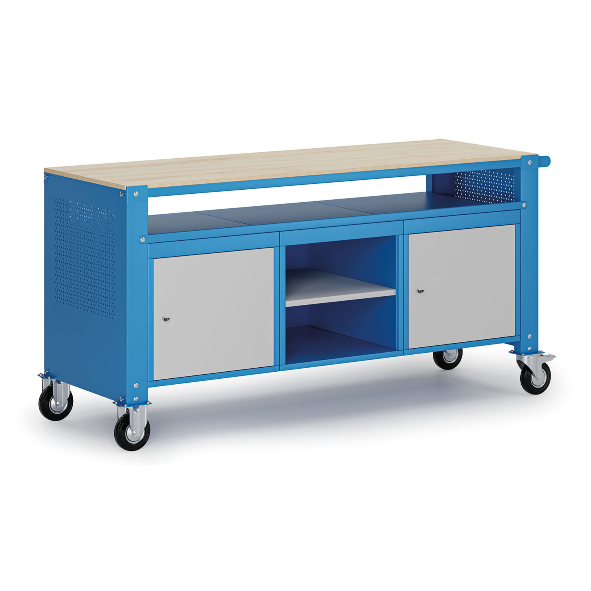 Fahrbare Werkbank G9, 2 Ablagen, 2 Schränke, 1690 x 595 x 865-1130 mm, grau/blau