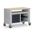 Fahrbare Werkbank G9, 2 Ablagen, 3 Schubladen, 1180 x 595 x 865-1130 mm, grau/Graphit Fahrbare Werkbank G9, 2 Ablagen, 3 Schubladen, 1180 x 595 x 865-1130 mm, grau/Graphit