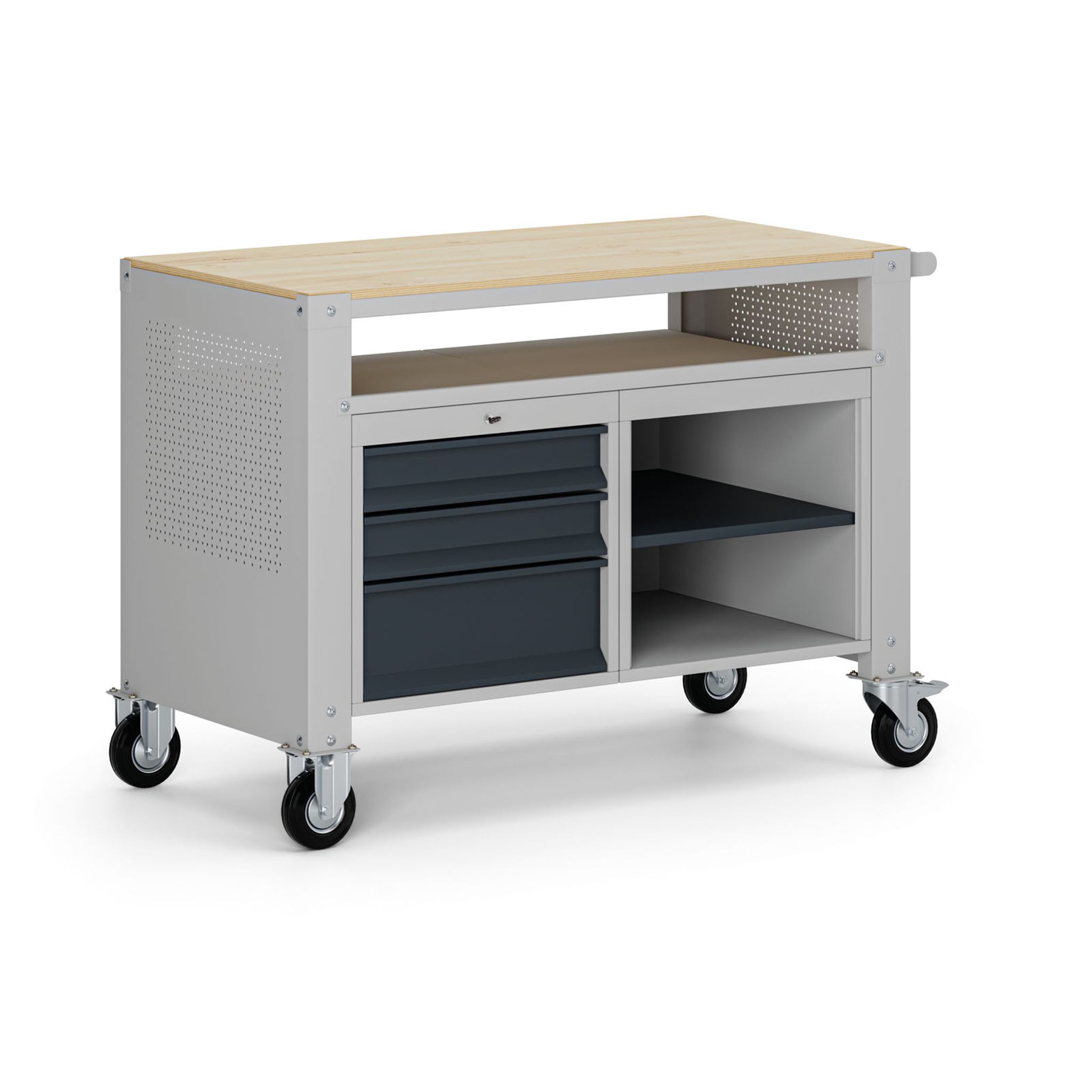 Fahrbare Werkbank G9, 2 Ablagen, 3 Schubladen, 1180 x 595 x 865-1130 mm, grau/Graphit Fahrbare Werkbank G9, 2 Ablagen, 3 Schubladen, 1180 x 595 x 865-1130 mm, grau/Graphit