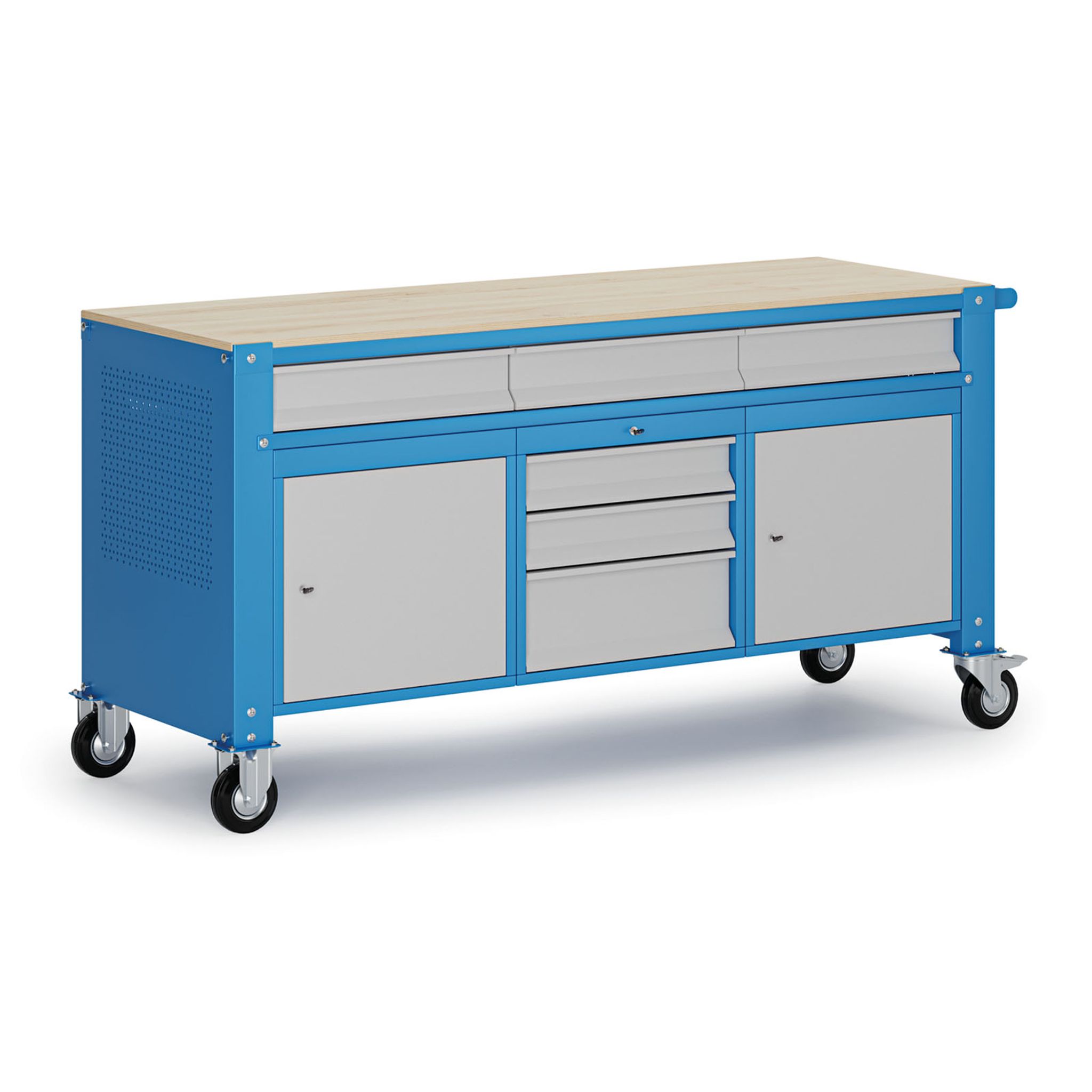 Fahrbare Werkbank G9, 2 Schränke, 6 Schubladen, 1690 x 595 x 865-1130 mm, grau/blau