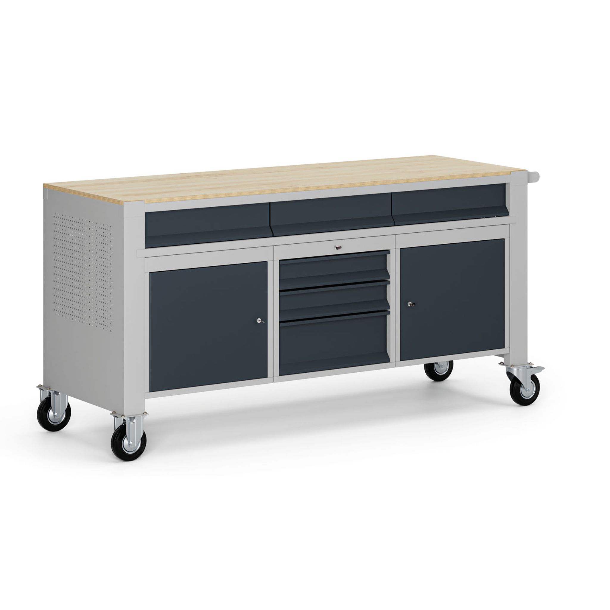 Fahrbare Werkbank G9, 2 Schränke, 6 Schubladen, 1690 x 595 x 865-1130 mm, grau/Graphit