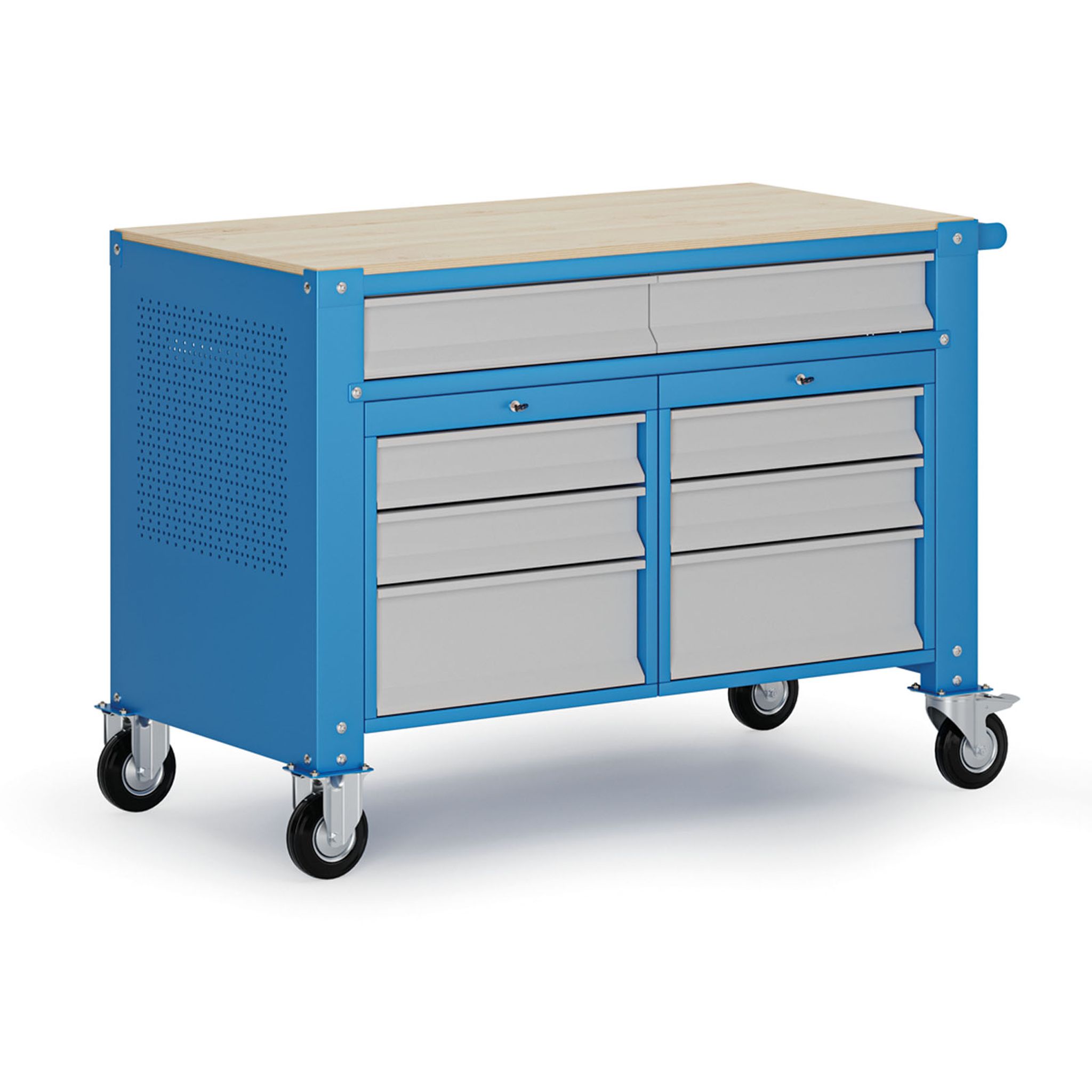 Fahrbare Werkbank G9, 8 Schubladen, 1180 x 595 x 865-1130 mm, grau/blau