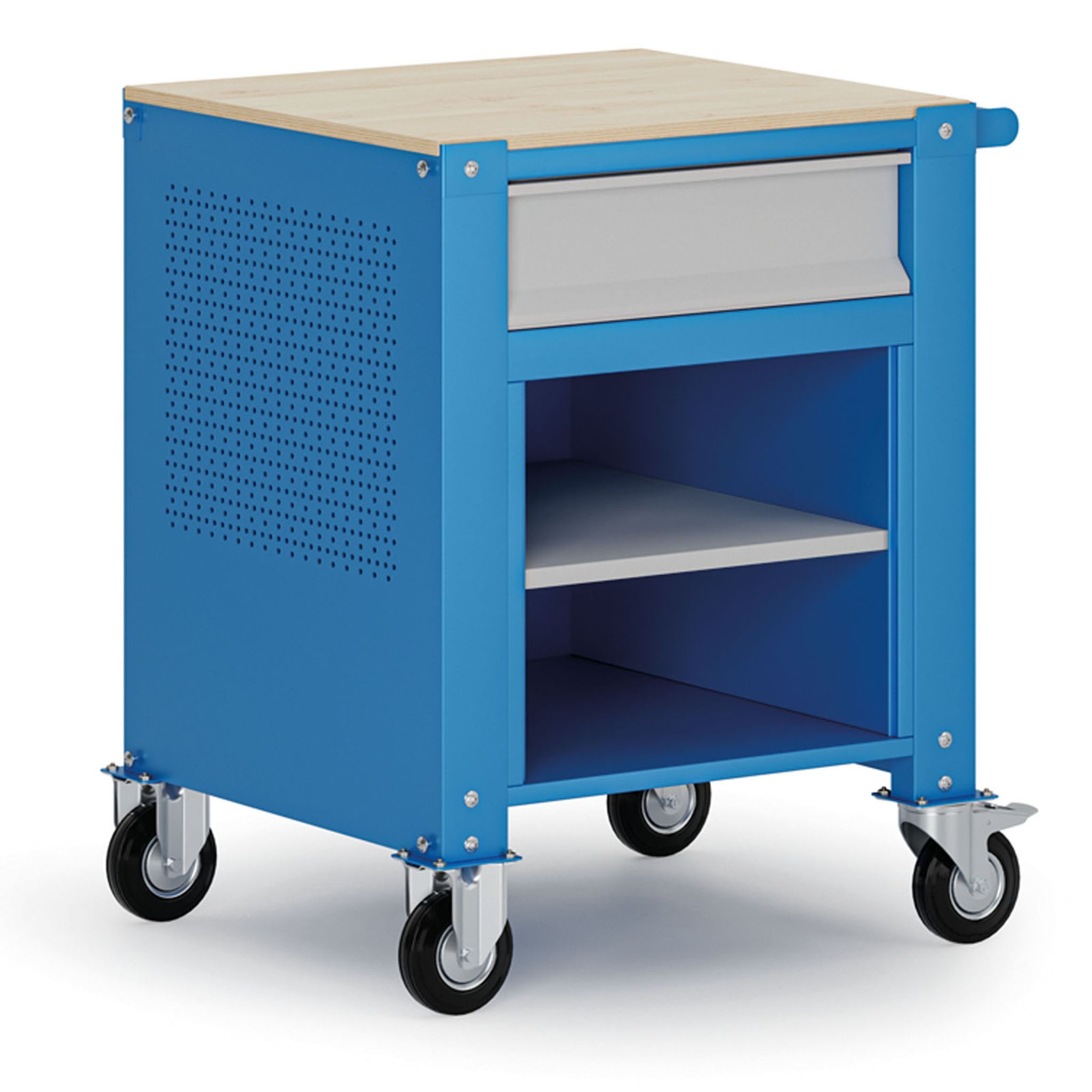 Fahrbarer Container G9, 1 Ablage, 1 Schublade, 675 x 595 x 865-1130 mm, grau/blau