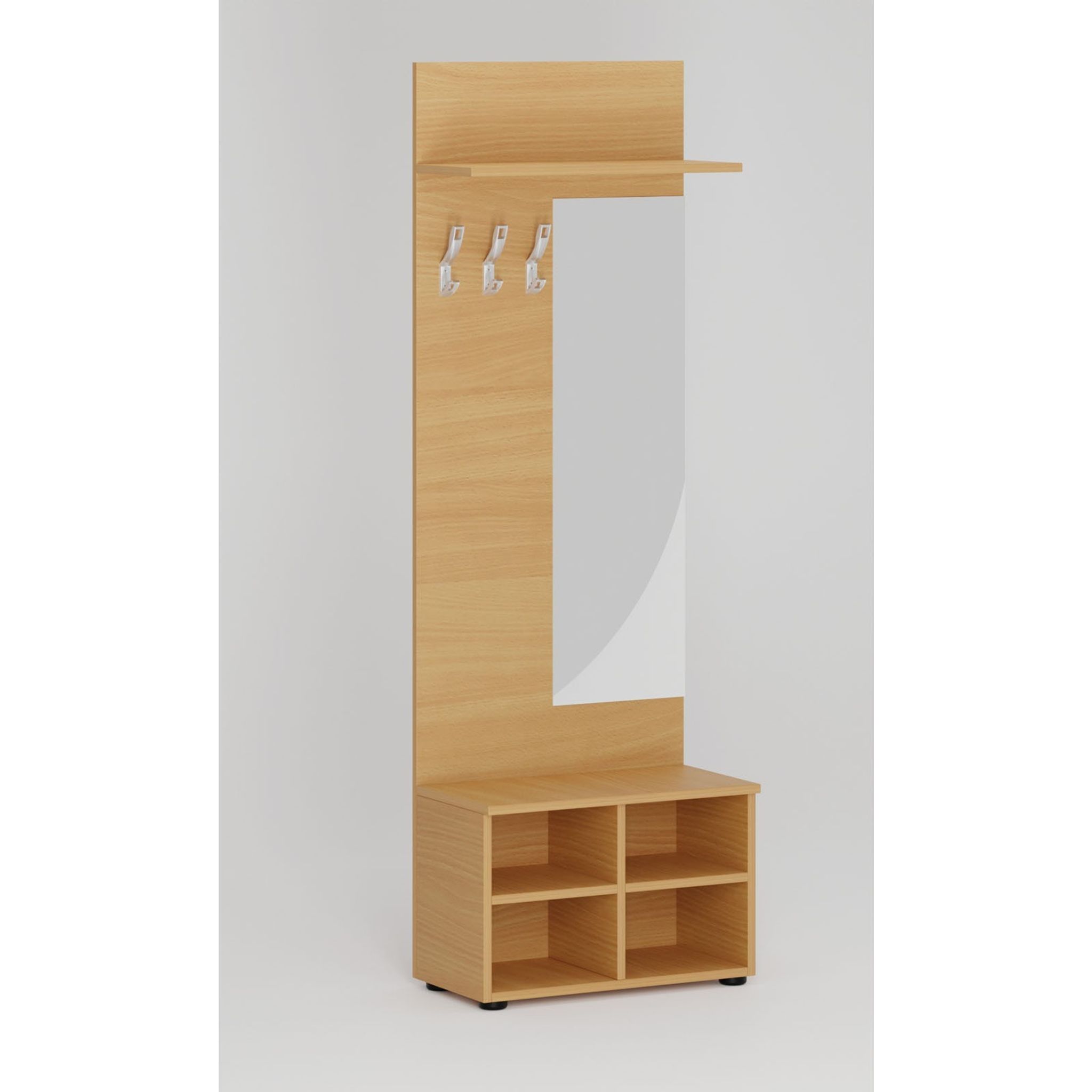 Garderobenwand PRIMO, Schuhregal + Spiegel, 3 Haken, Ablage, Buche
