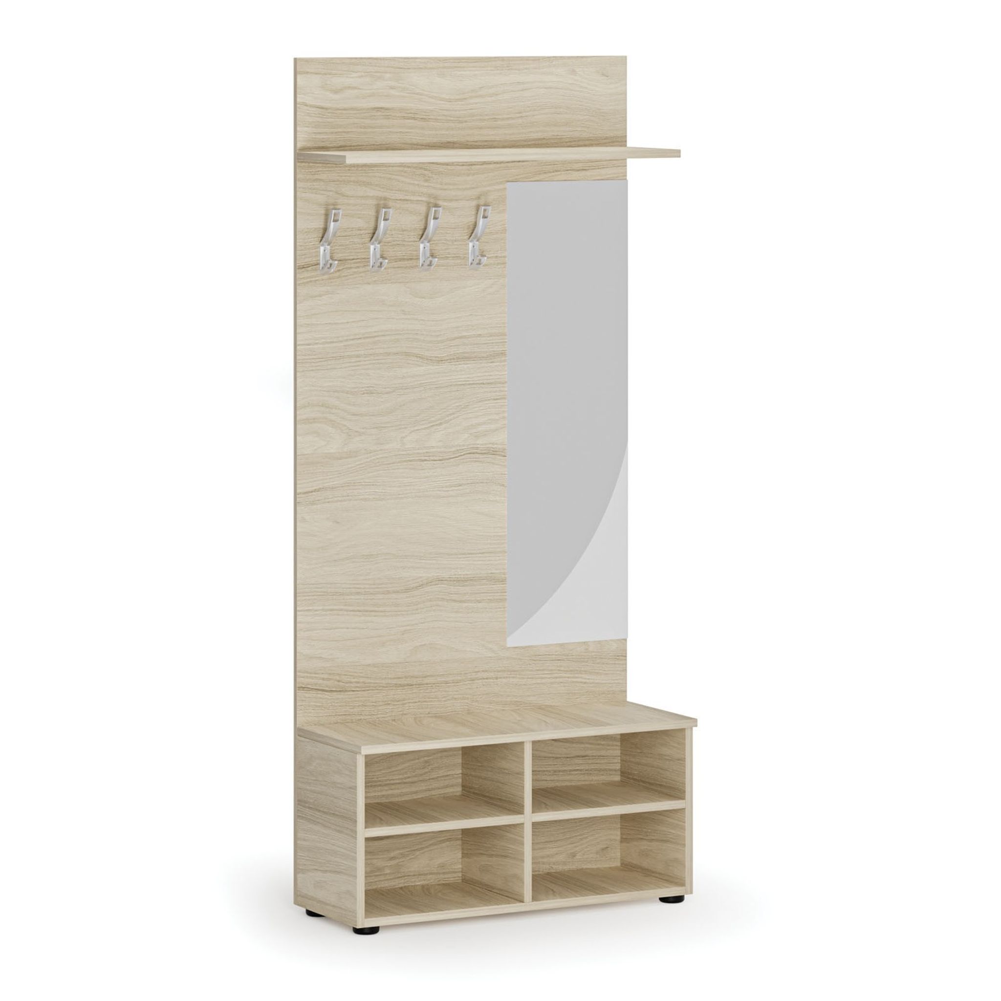 Garderobenwand PRIMO, Schuhregal + Spiegel, 4 Haken, Ablage, Eiche natur