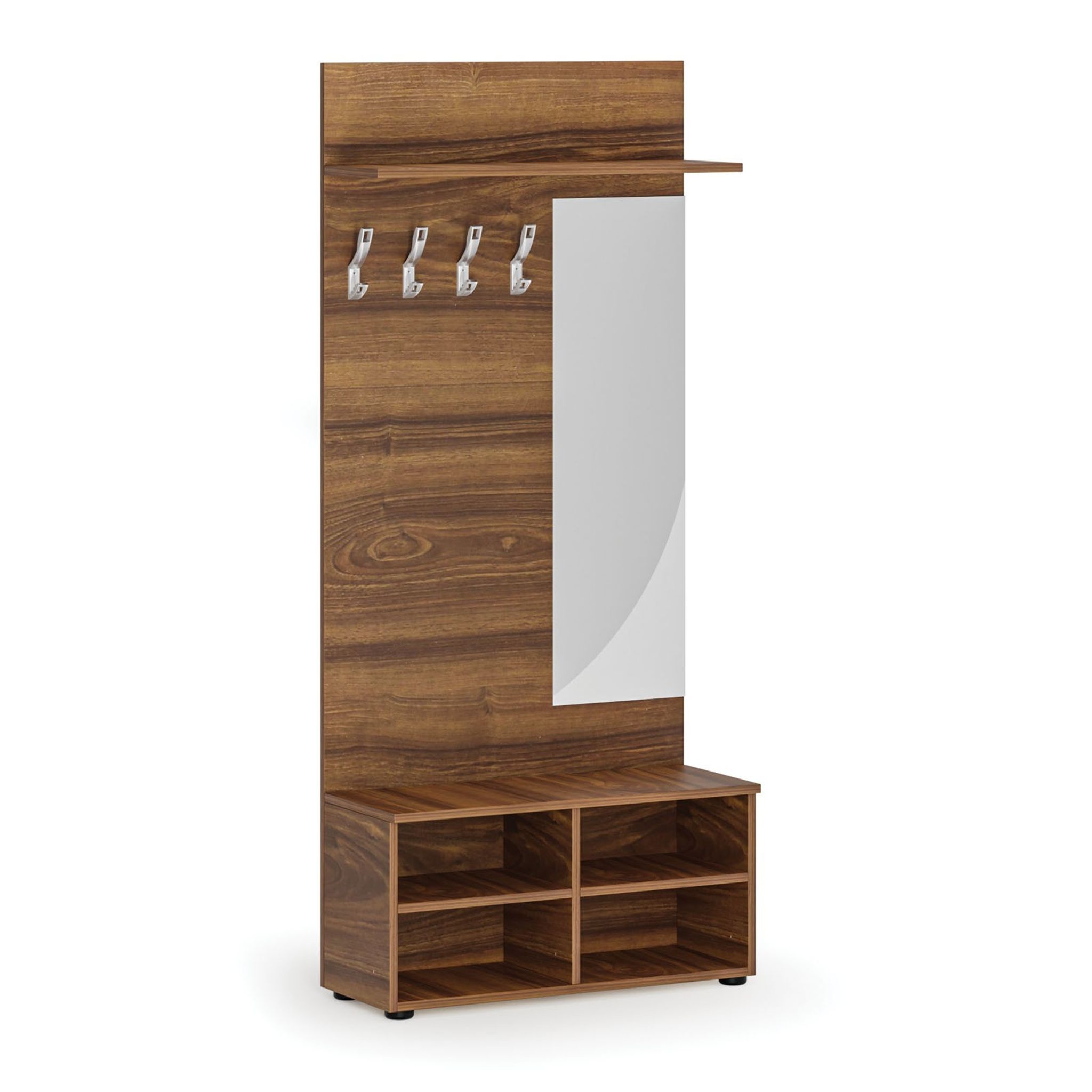 Garderobenwand PRIMO, Schuhregal + Spiegel, 4 Haken, Ablage, Nussbaum