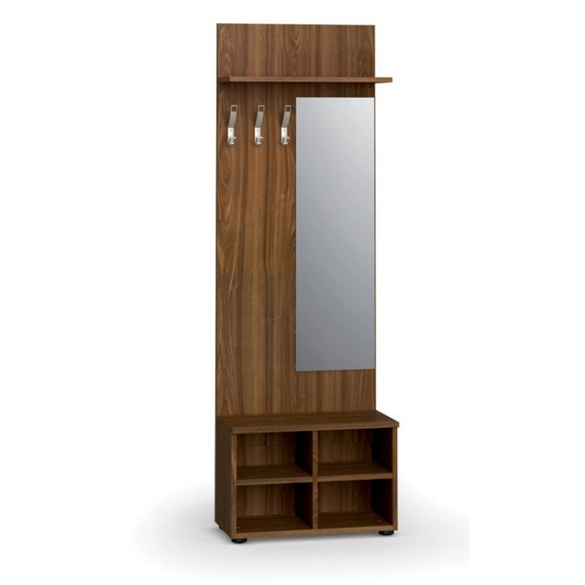 Garderobenwand PRIMO WOOD, Schuhregal + Spiegel, 3 Haken, Ablage, Nussbaum