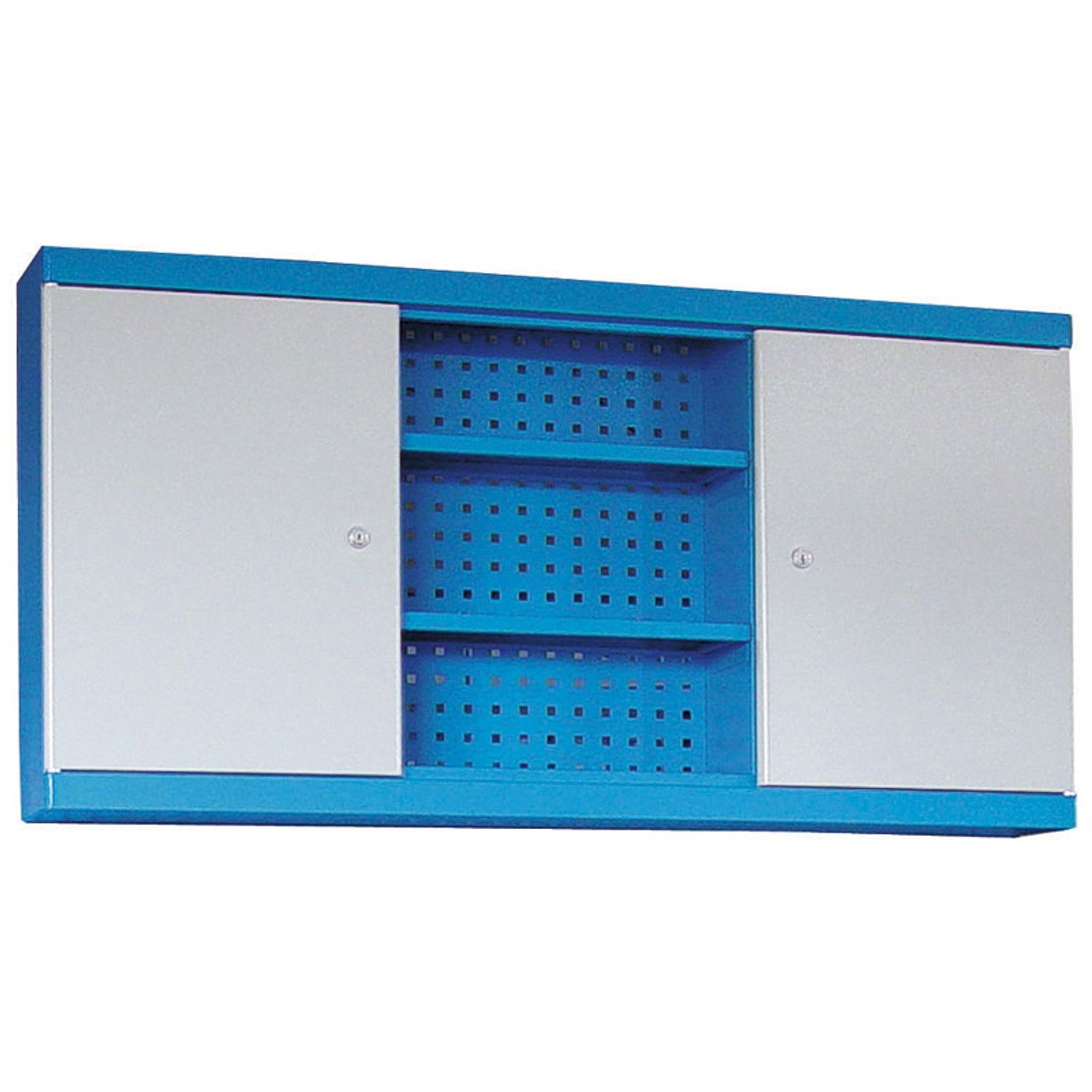 GD Werkstatt-Hängeschrank, 600 x 1190 x 200 mm, 2 Türen + Werkzeuglochwand, 6 Fachböden, blau