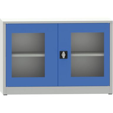 Geschweißter Regalschrank mit Glastür, 800 x 1200 x 400 mm, grau / blau