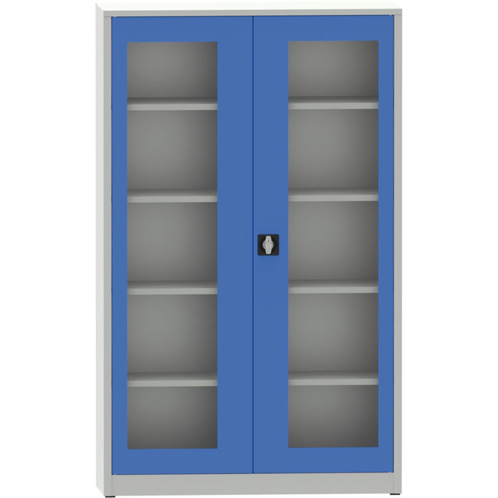 Geschweißter Regalschrank mit Türen mit Plexiglasfenstern, 1950 x 1200 x 500 mm, grau / blau