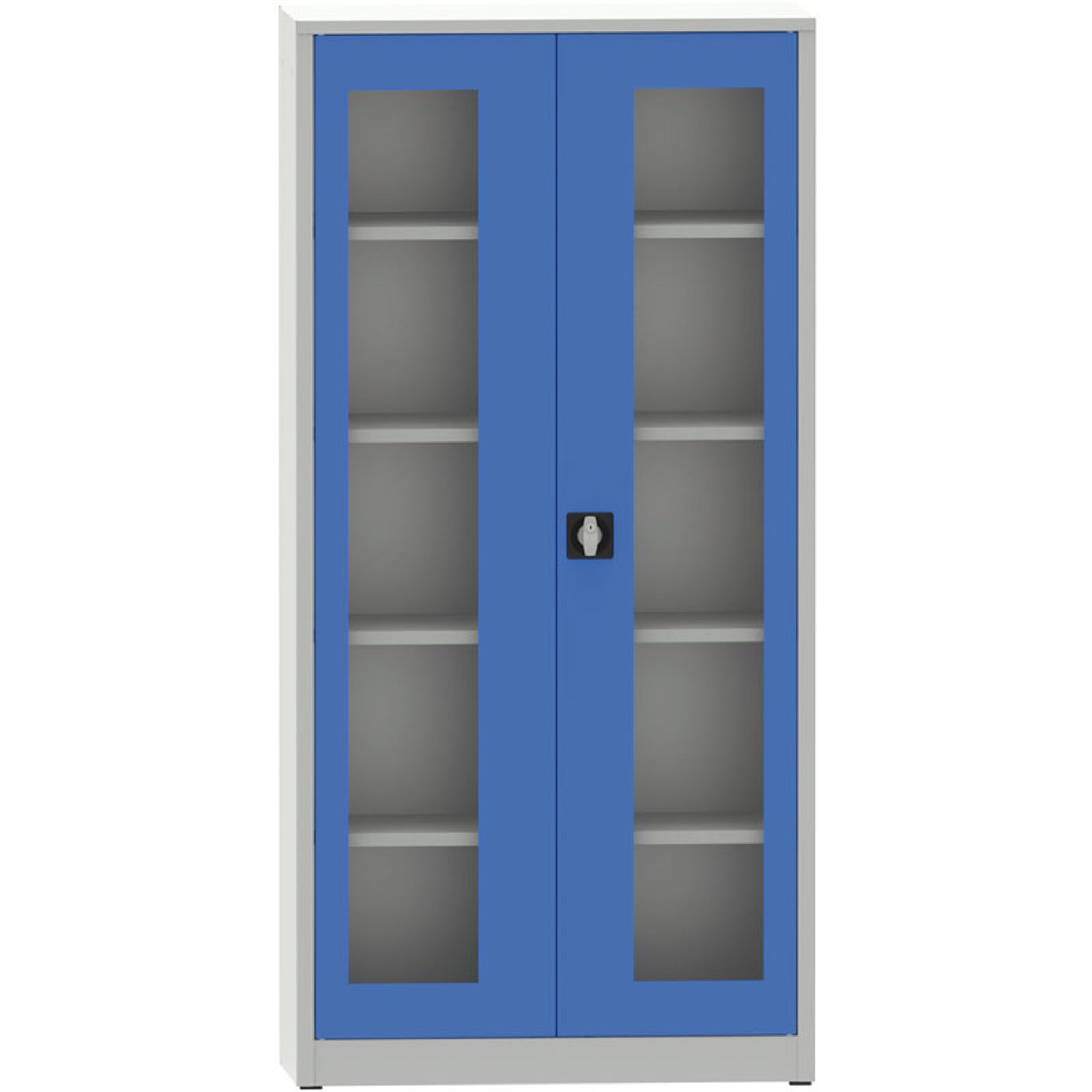 Geschweißter Regalschrank mit Türen mit Plexiglasfenstern, 1950 x 950 x 500 mm, grau / blau