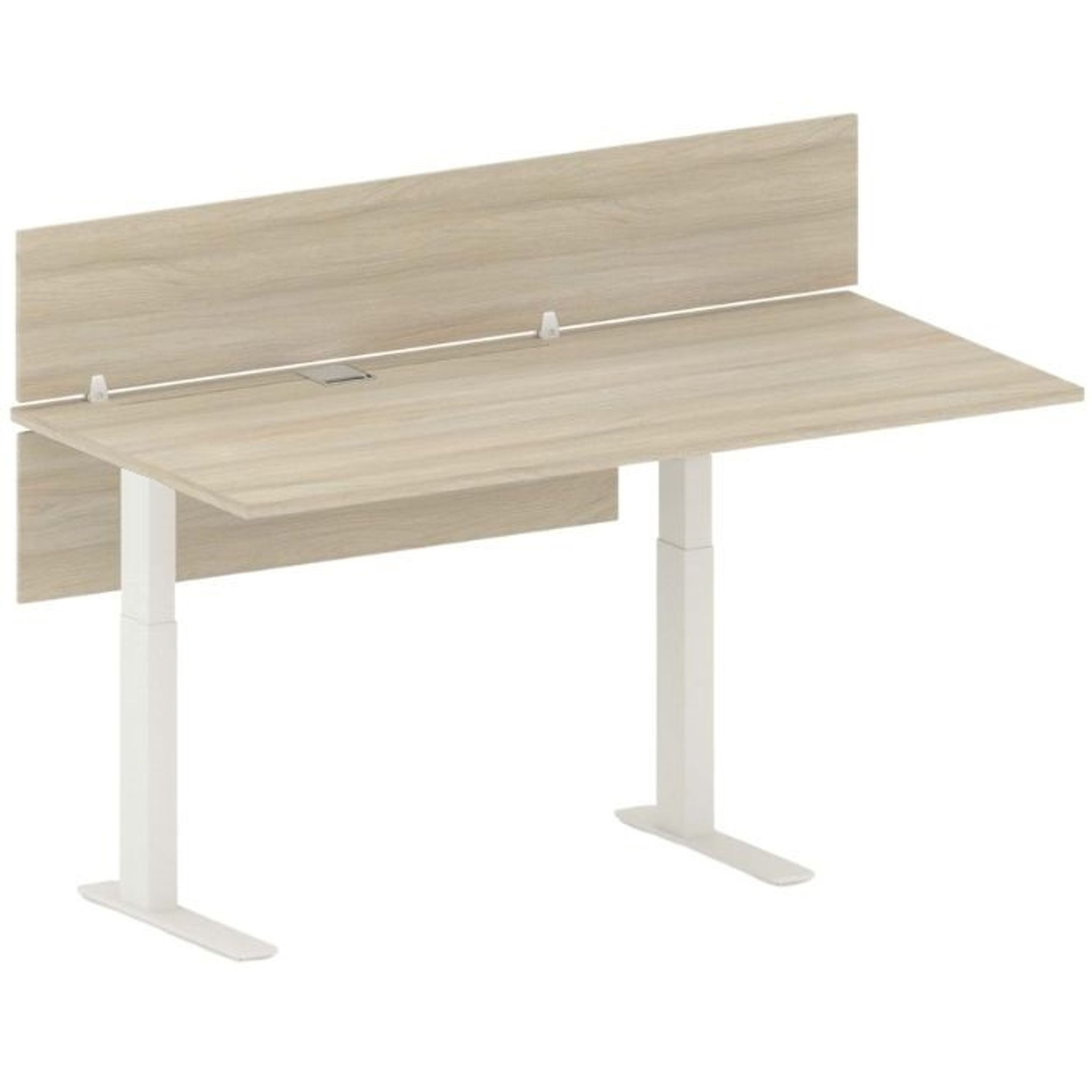 Höhenverstellbarer ArbeitsSchreibtisch FUTURE, 1700 x 800 x 745-1215 mm, mit Trennwand, Weiß/Eiche