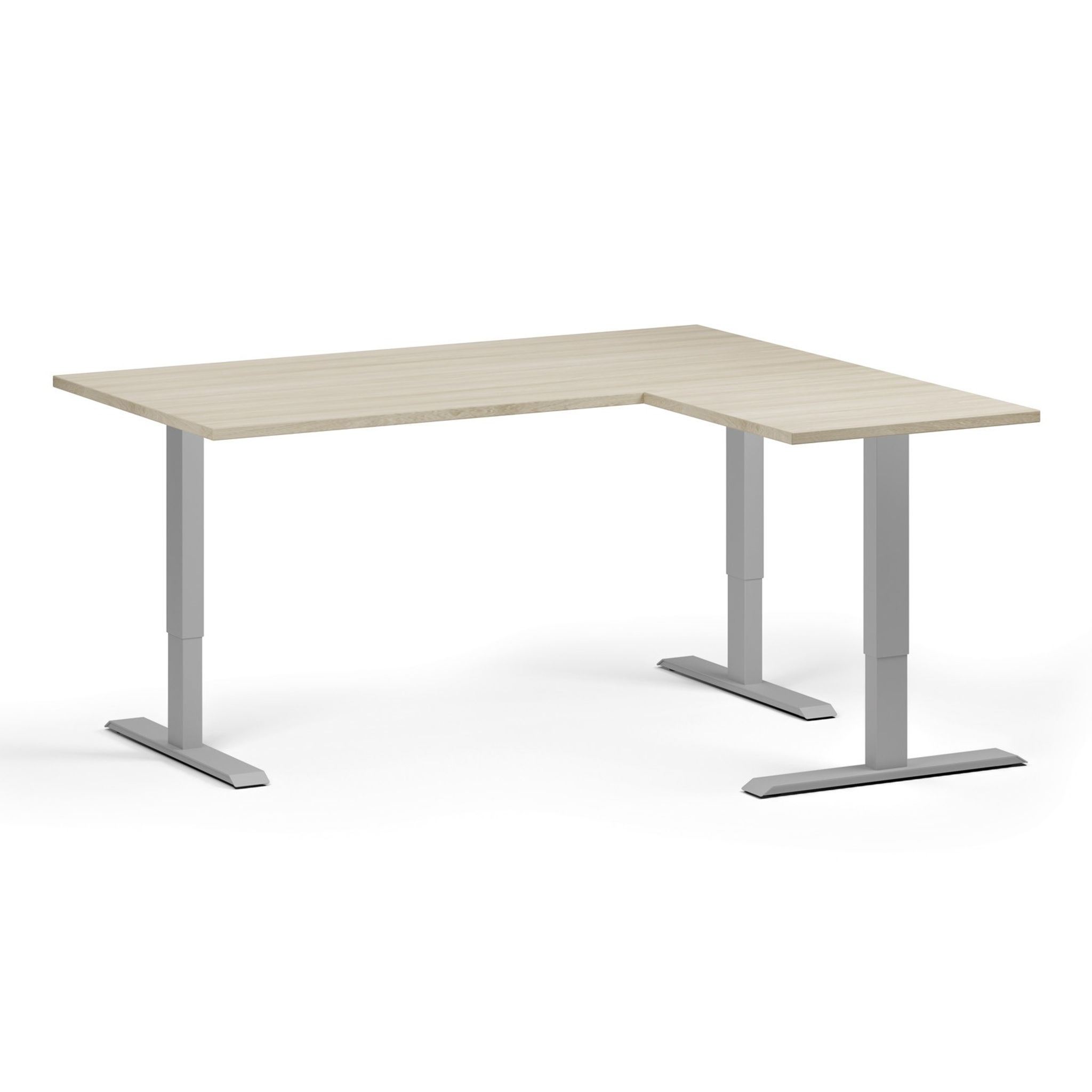 Höhenverstellbarer Eckschreibtisch, 3 Motoren, 74-121 cm, L/R, Tischplatte 160x140 cm, graues Metallgestell, Eiche natur