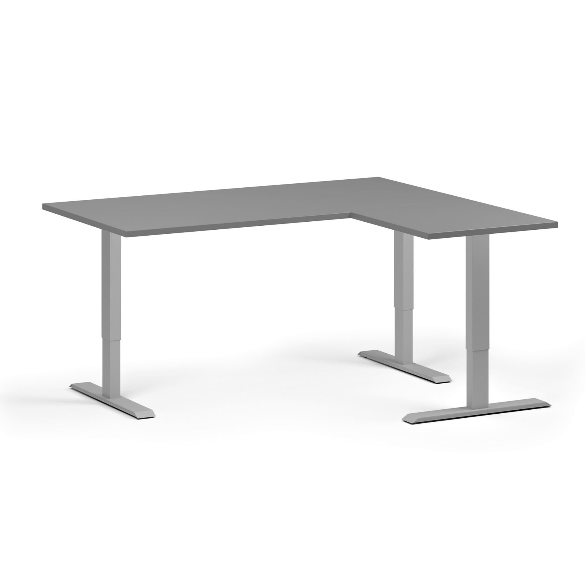 Höhenverstellbarer Eckschreibtisch, 3 Motoren, 74-121 cm, L/R, Tischplatte 160x140 cm, graues Metallgestell, Graphit