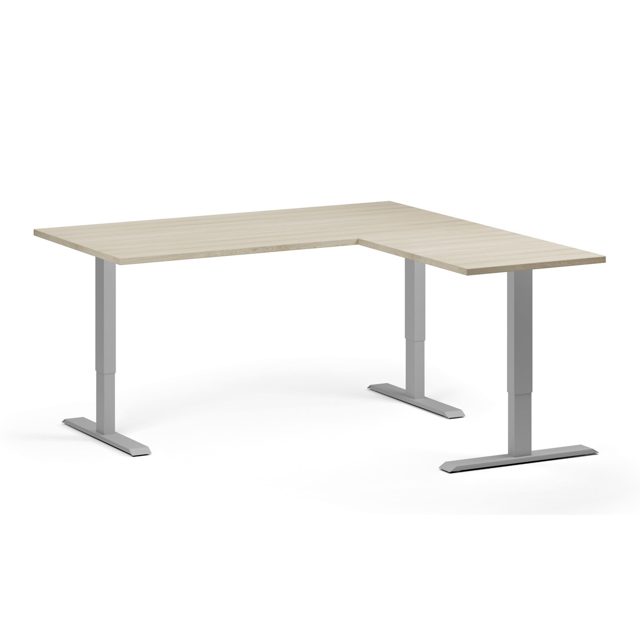 Höhenverstellbarer Eckschreibtisch, 3 Motoren, 74-121 cm, L/R, Tischplatte 160x160 cm, graues Metallgestell, Eiche natur