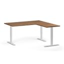Höhenverstellbarer Eckschreibtisch, 3 Motoren, 74-121 cm, L/R, Tischplatte 160x160 cm, weißes Metallgestell, Nussbaum