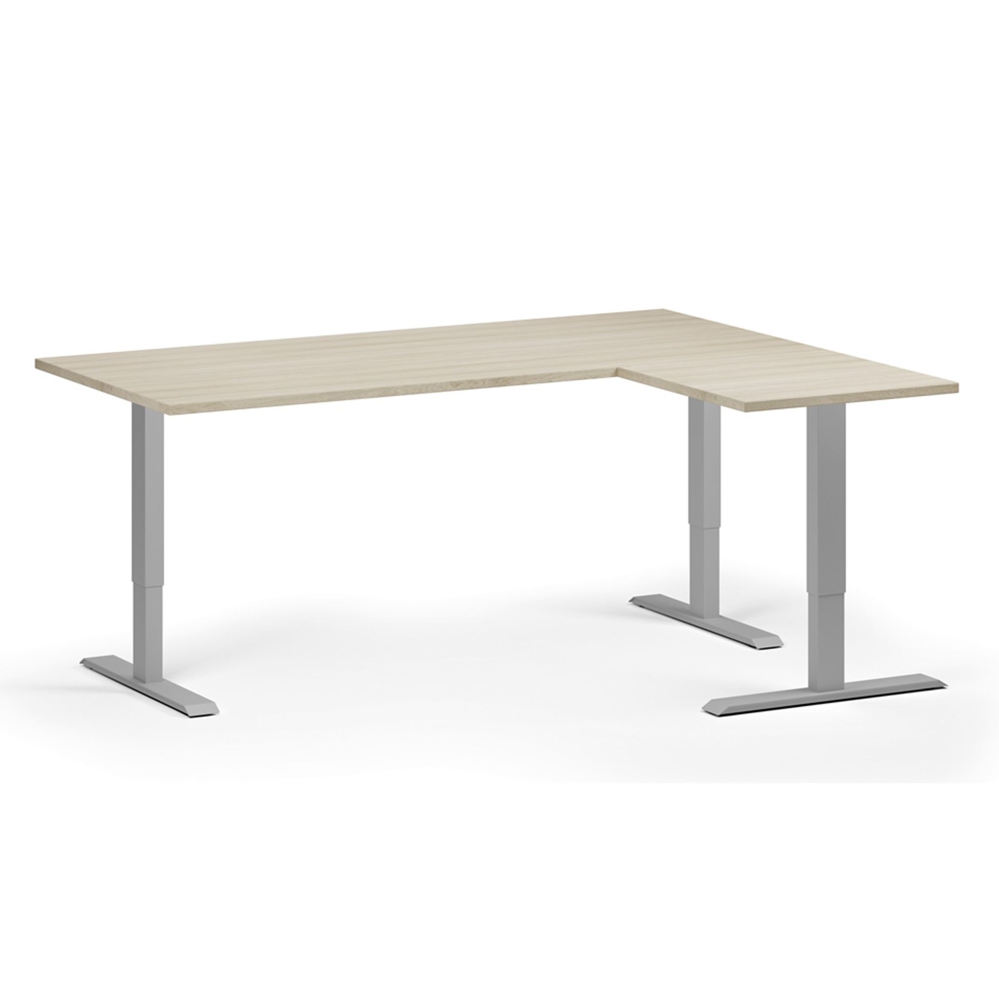 Höhenverstellbarer Eckschreibtisch, 3 Motoren, 74-121 cm, L/R, Tischplatte 180x140 cm, graues Metallgestell, Eiche natur