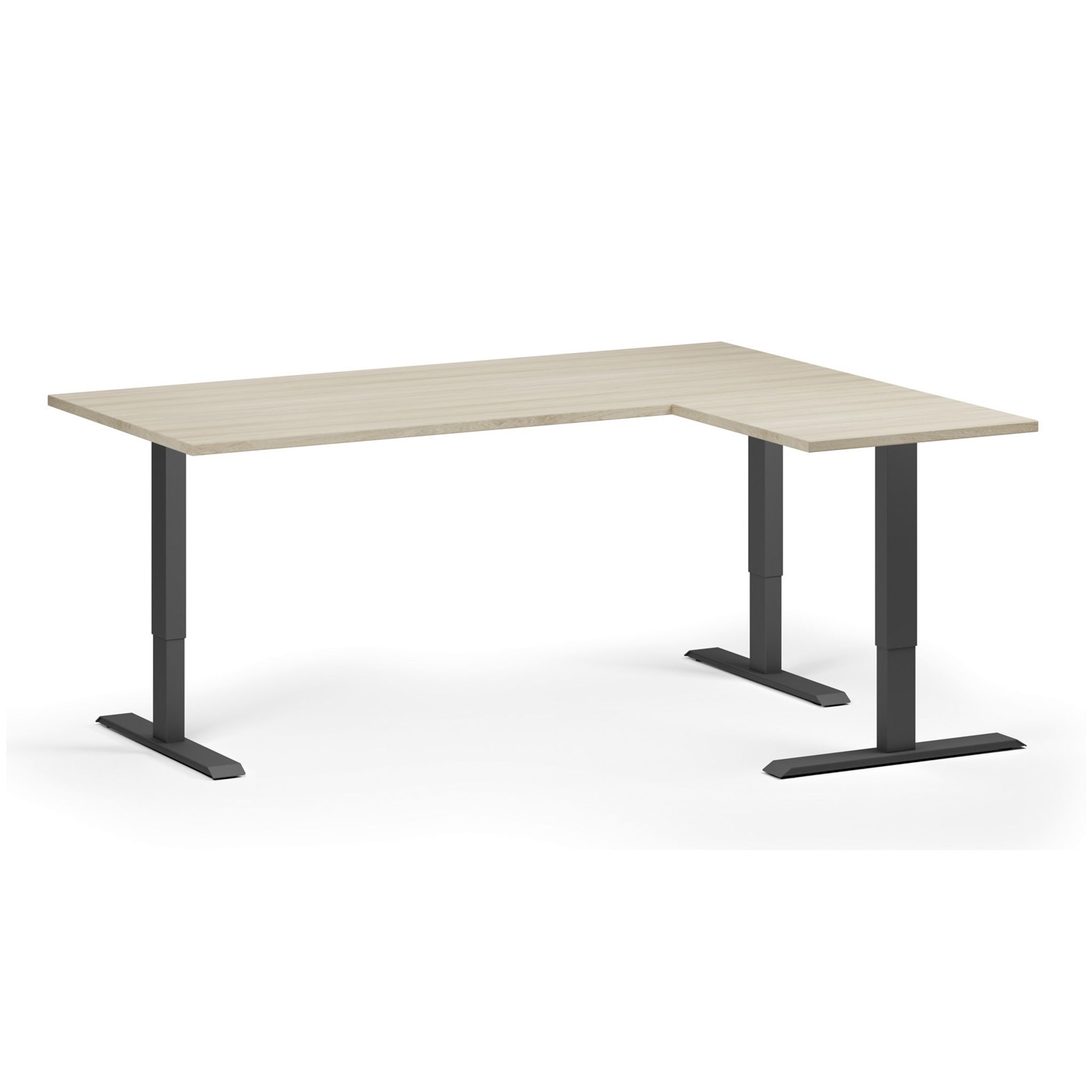 Höhenverstellbarer Eckschreibtisch, 3 Motoren, 74-121 cm, L/R, Tischplatte 180x140 cm, schwarzes Metallgestell, Eiche natur