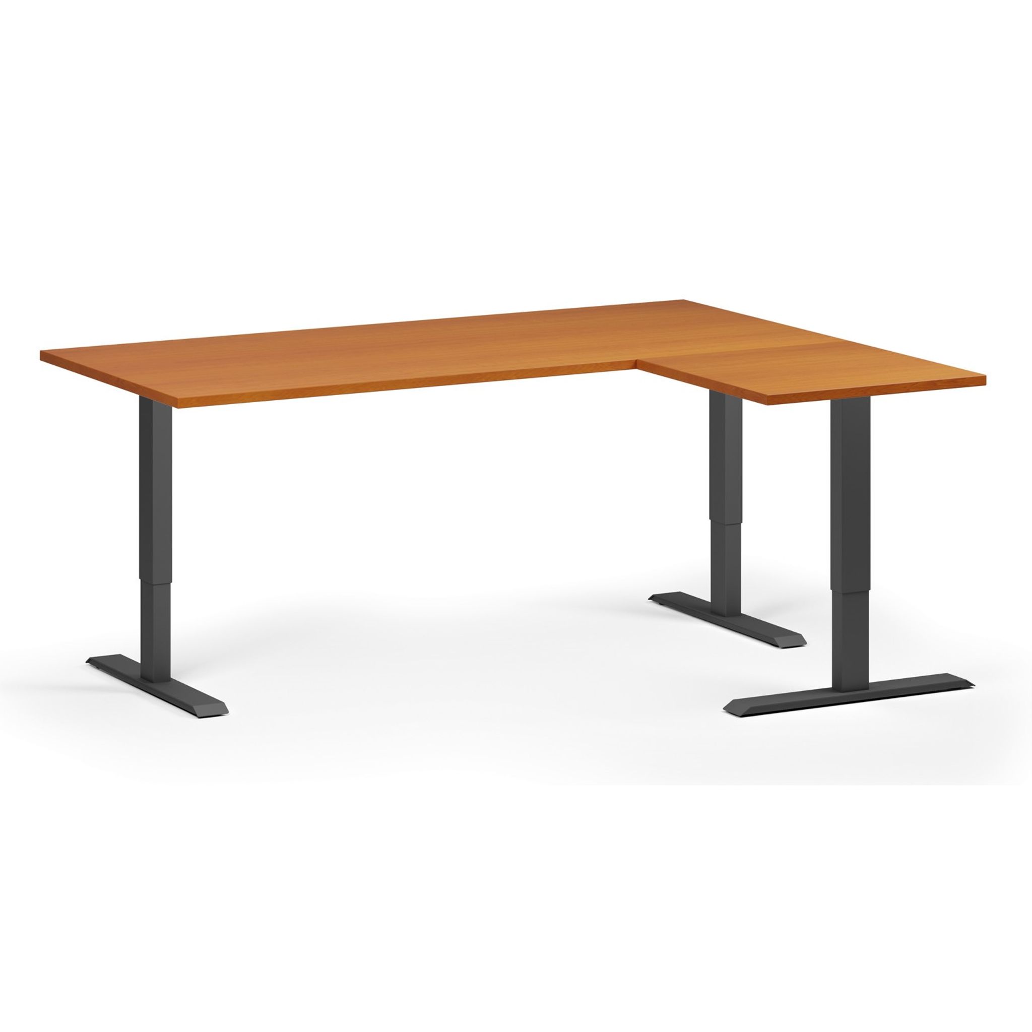 Höhenverstellbarer Eckschreibtisch, 3 Motoren, 74-121 cm, L/R, Tischplatte 180x140 cm, schwarzes Metallgestell, Kirschbaum