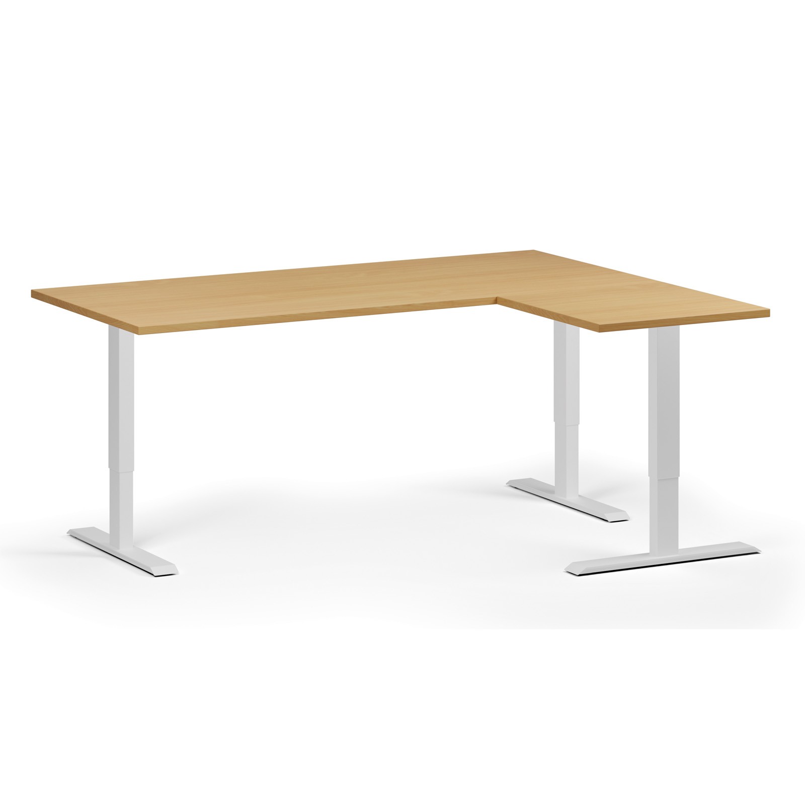 B2B Partner Höhenverstellbarer Eckschreibtisch, 3 Motoren, 74-121 cm, L/R, Tischplatte 180x140 cm, weißes Metallgestell, Buche