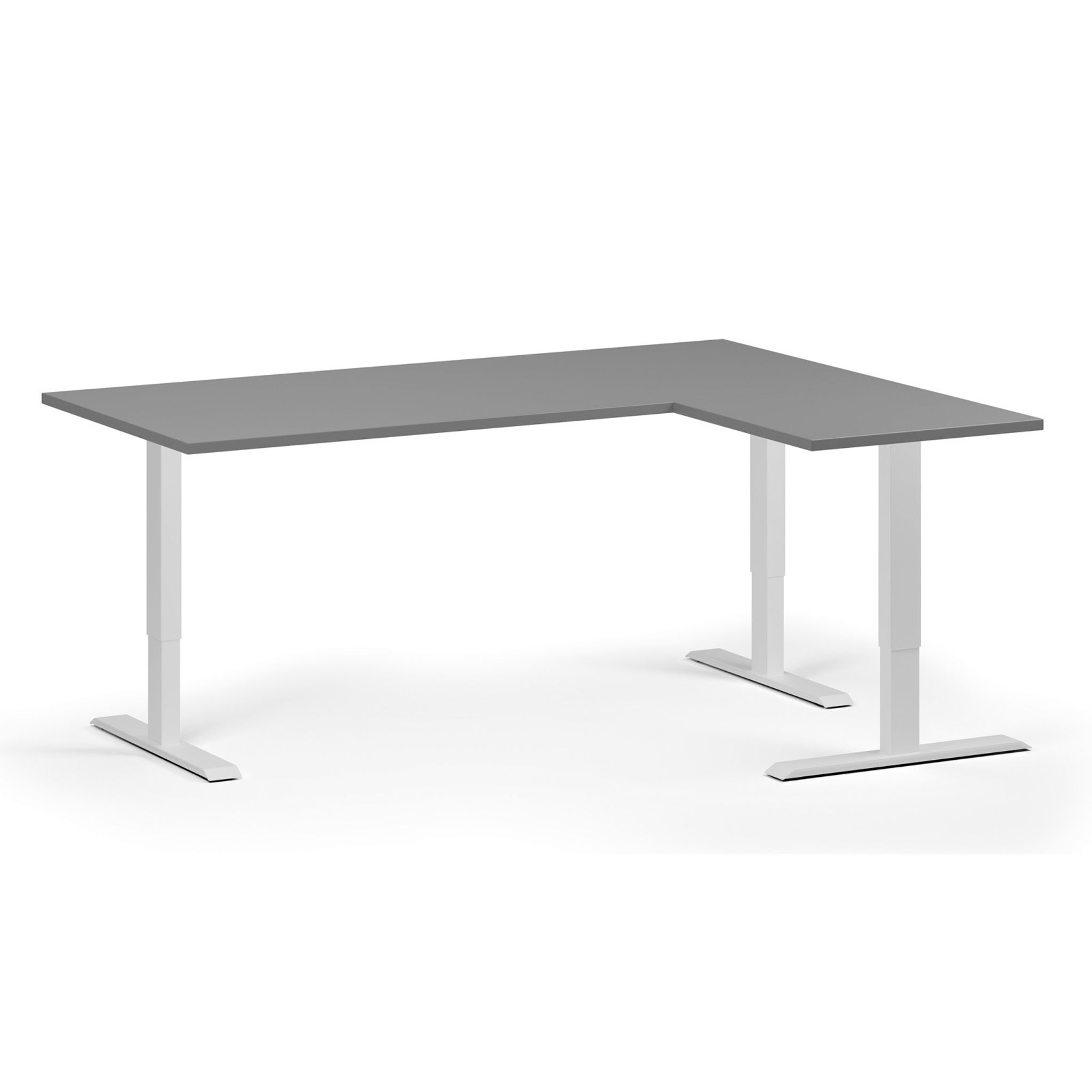 Höhenverstellbarer Eckschreibtisch, 3 Motoren, 74-121 cm, L/R, Tischplatte 180x140 cm, weißes Metallgestell, Graphit