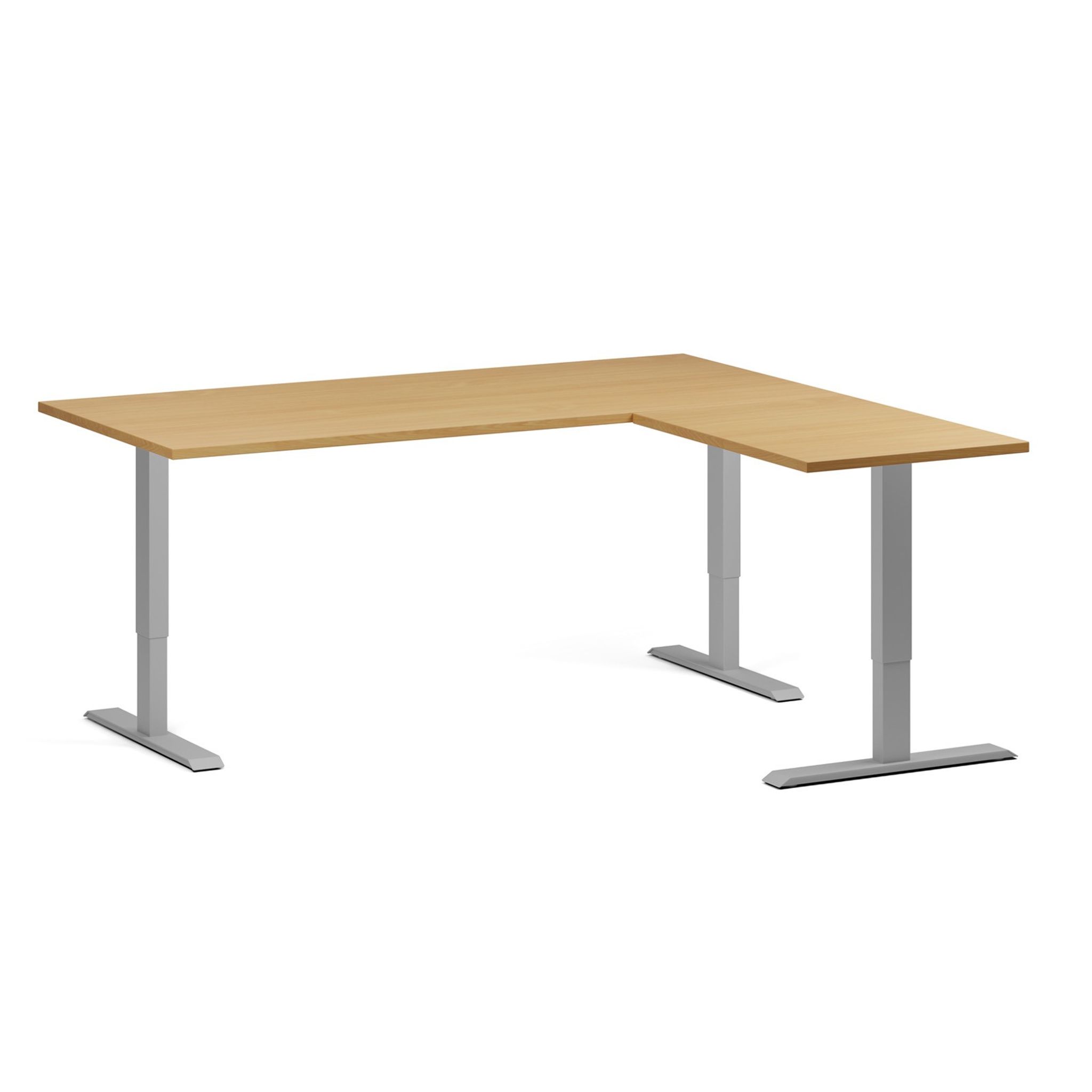 Höhenverstellbarer Eckschreibtisch, 3 Motoren, 74-121 cm, L/R, Tischplatte 180x160 cm, graues Metallgestell, Buche
