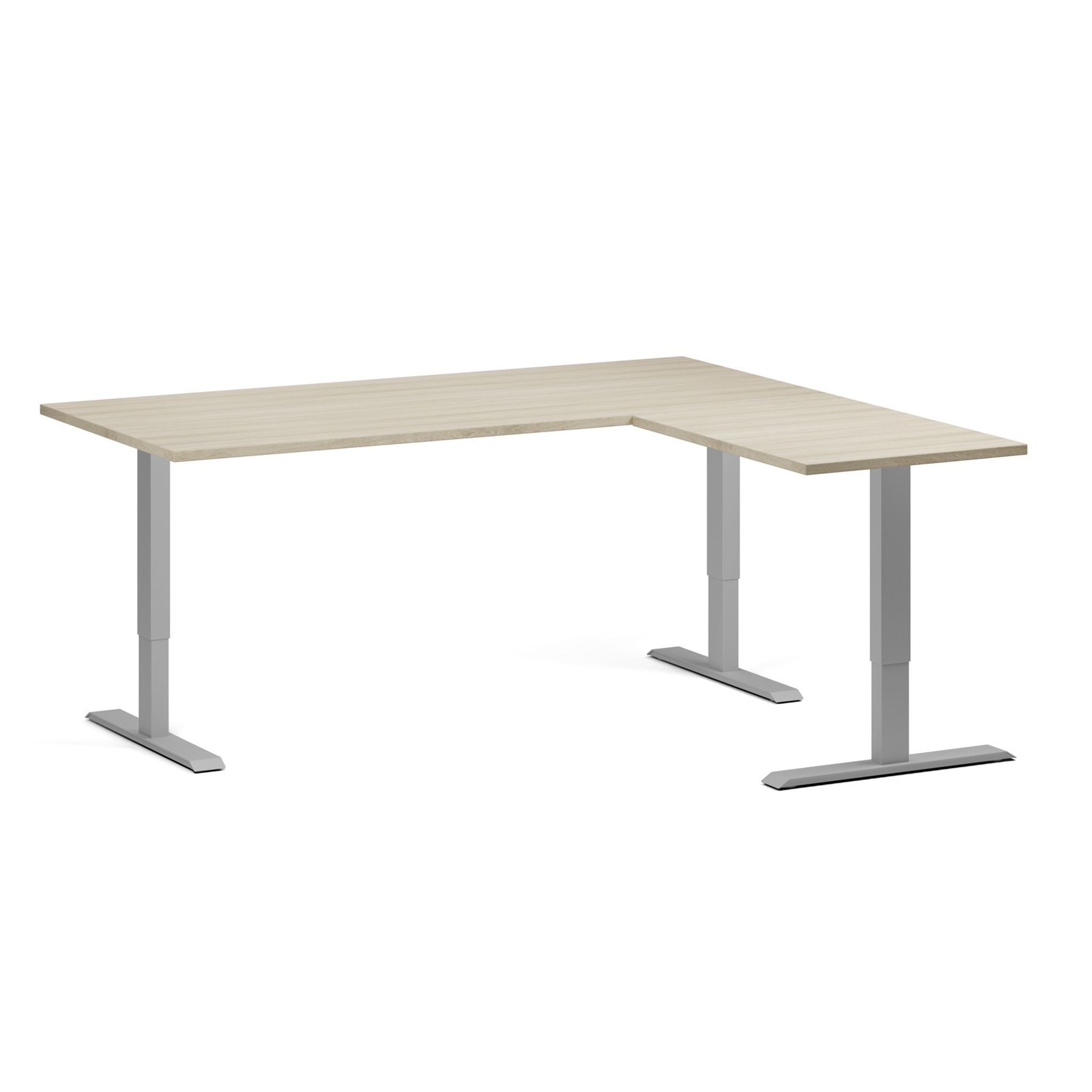 Höhenverstellbarer Eckschreibtisch, 3 Motoren, 74-121 cm, L/R, Tischplatte 180x160 cm, graues Metallgestell, Eiche natur