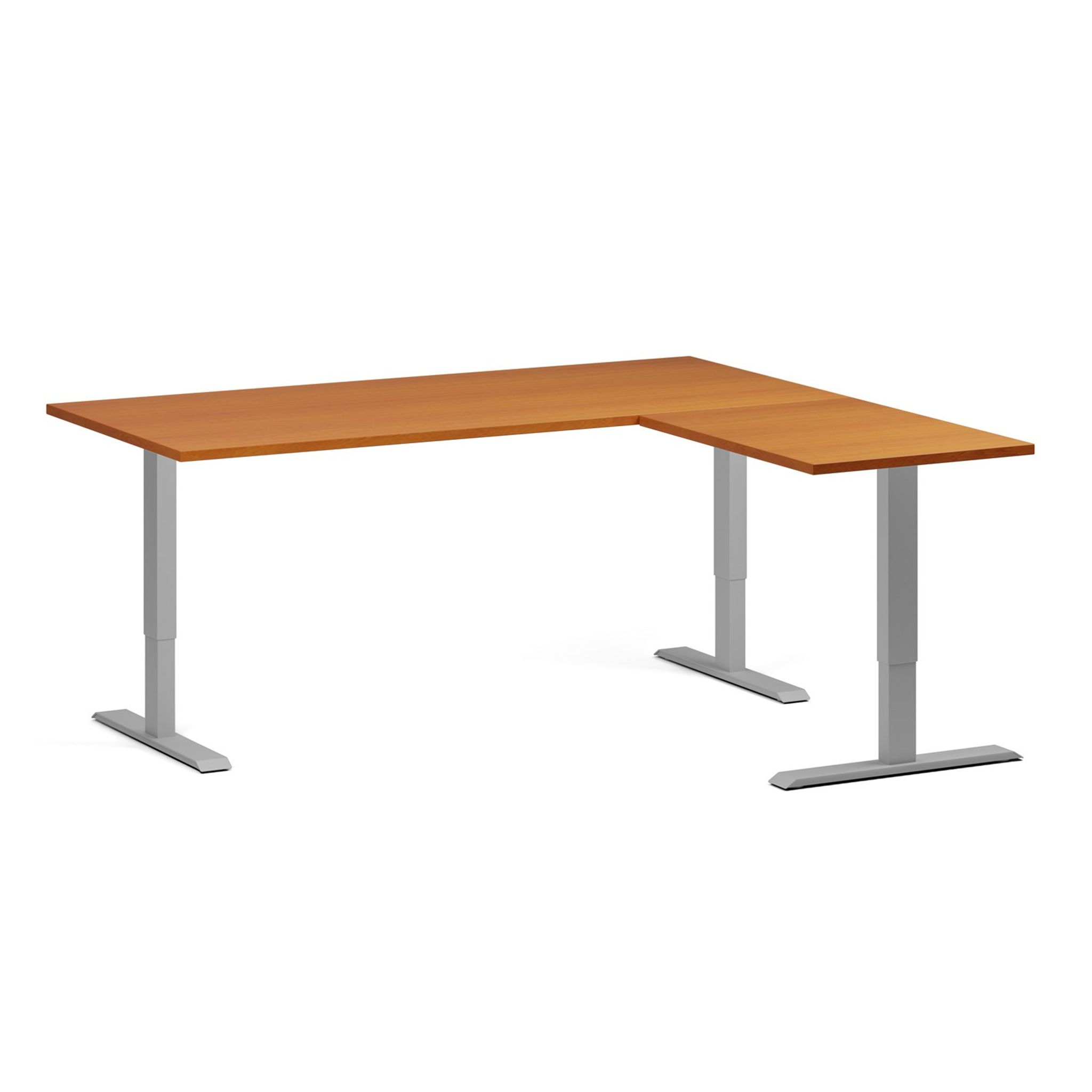 Höhenverstellbarer Eckschreibtisch, 3 Motoren, 74-121 cm, L/R, Tischplatte 180x160 cm, graues Metallgestell, Kirschbaum