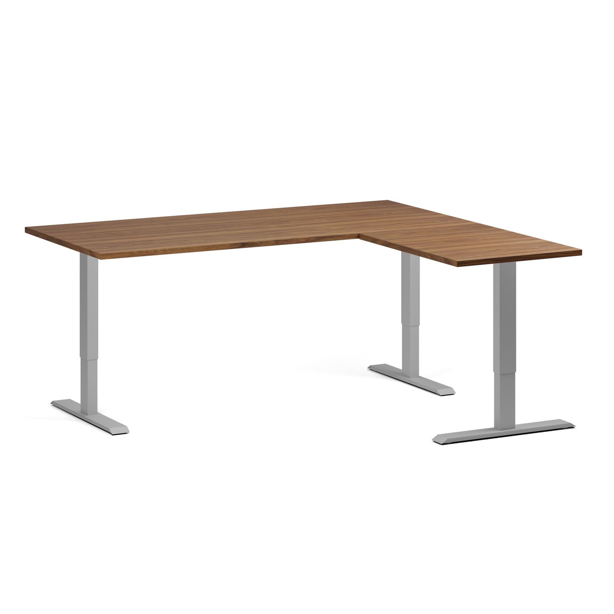 Höhenverstellbarer Eckschreibtisch, 3 Motoren, 74-121 cm, L/R, Tischplatte 180x160 cm, graues Metallgestell, Nussbaum