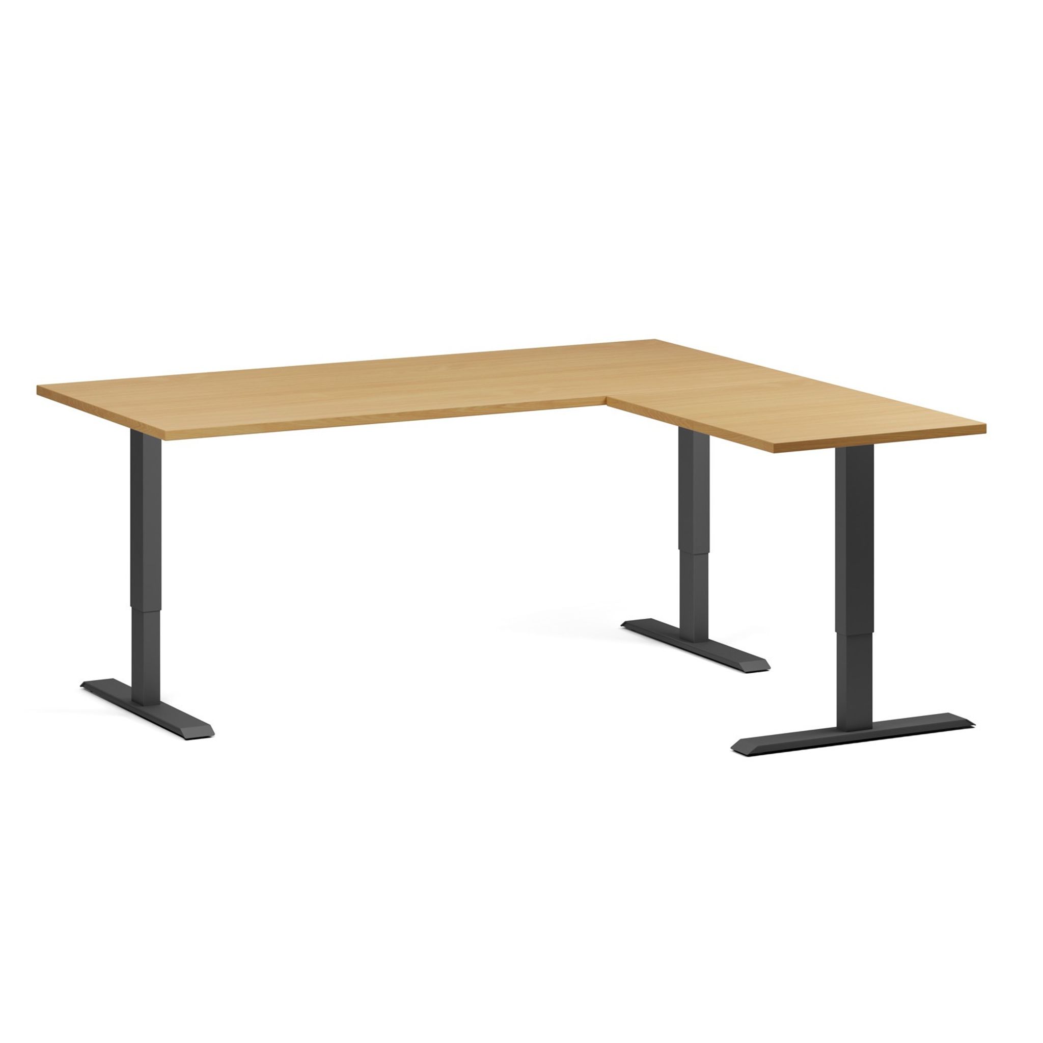 Höhenverstellbarer Eckschreibtisch, 3 Motoren, 74-121 cm, L/R, Tischplatte 180x160 cm, schwarzes Metallgestell, Buche