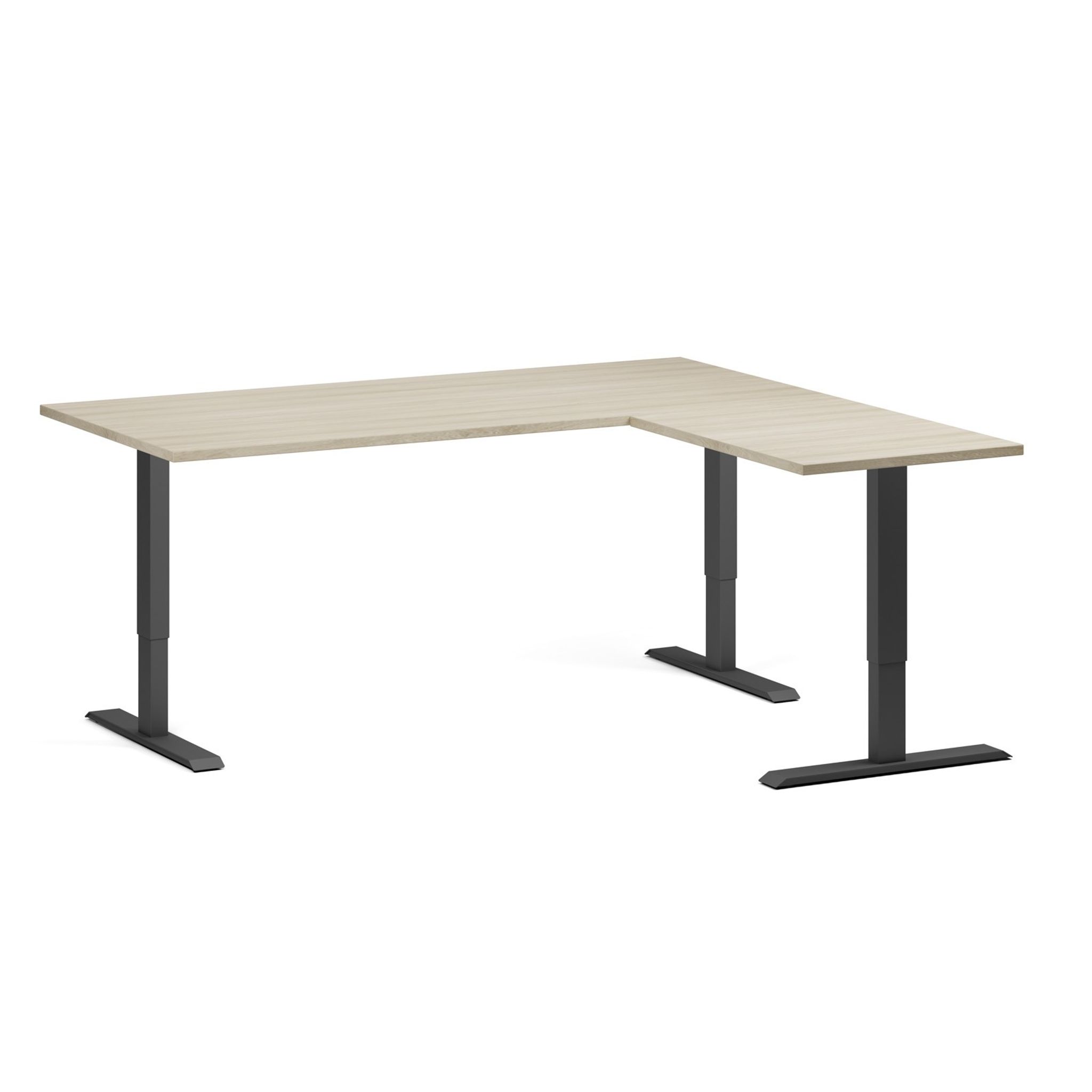 Höhenverstellbarer Eckschreibtisch, 3 Motoren, 74-121 cm, L/R, Tischplatte 180x160 cm, schwarzes Metallgestell, Eiche natur