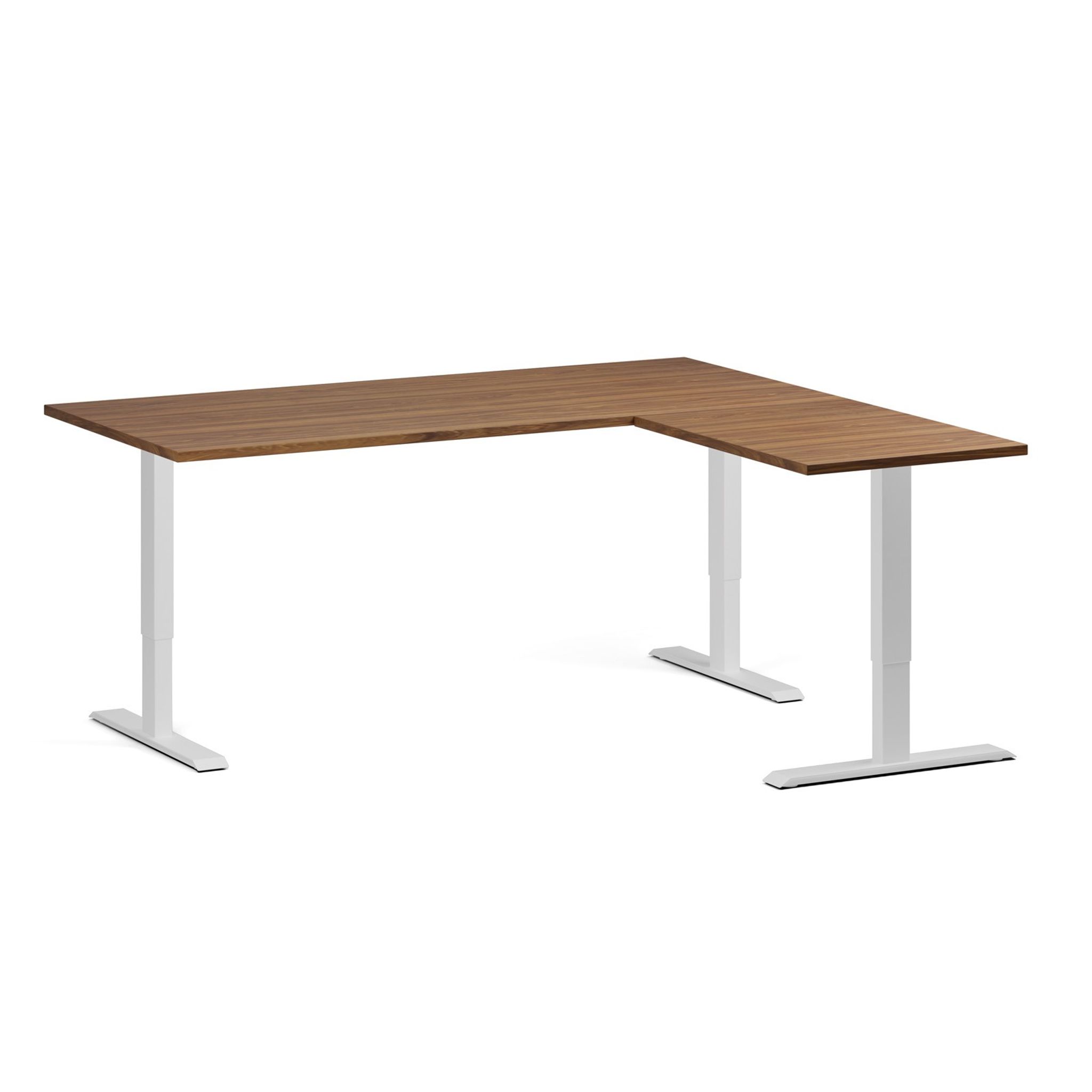 Höhenverstellbarer Eckschreibtisch, 3 Motoren, 74-121 cm, L/R, Tischplatte 180x160 cm, weißes Metallgestell, Nussbaum