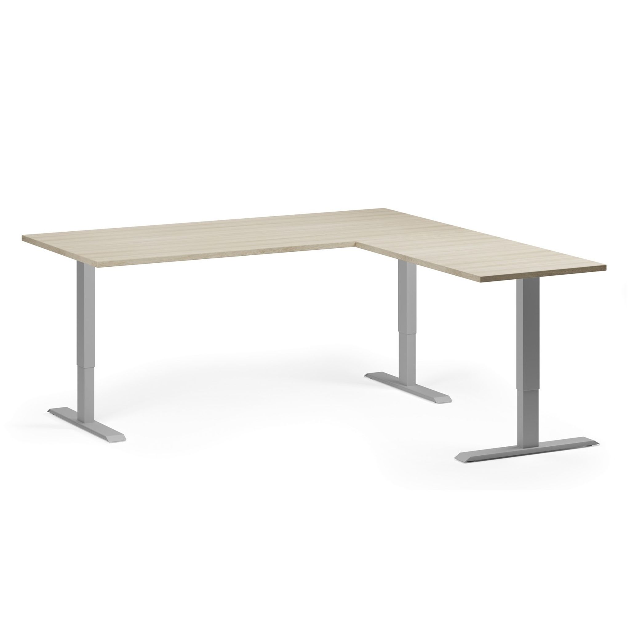Höhenverstellbarer Eckschreibtisch, 3 Motoren, 74-121 cm, L/R, Tischplatte 180x180 cm, graues Metallgestell, Eiche natur